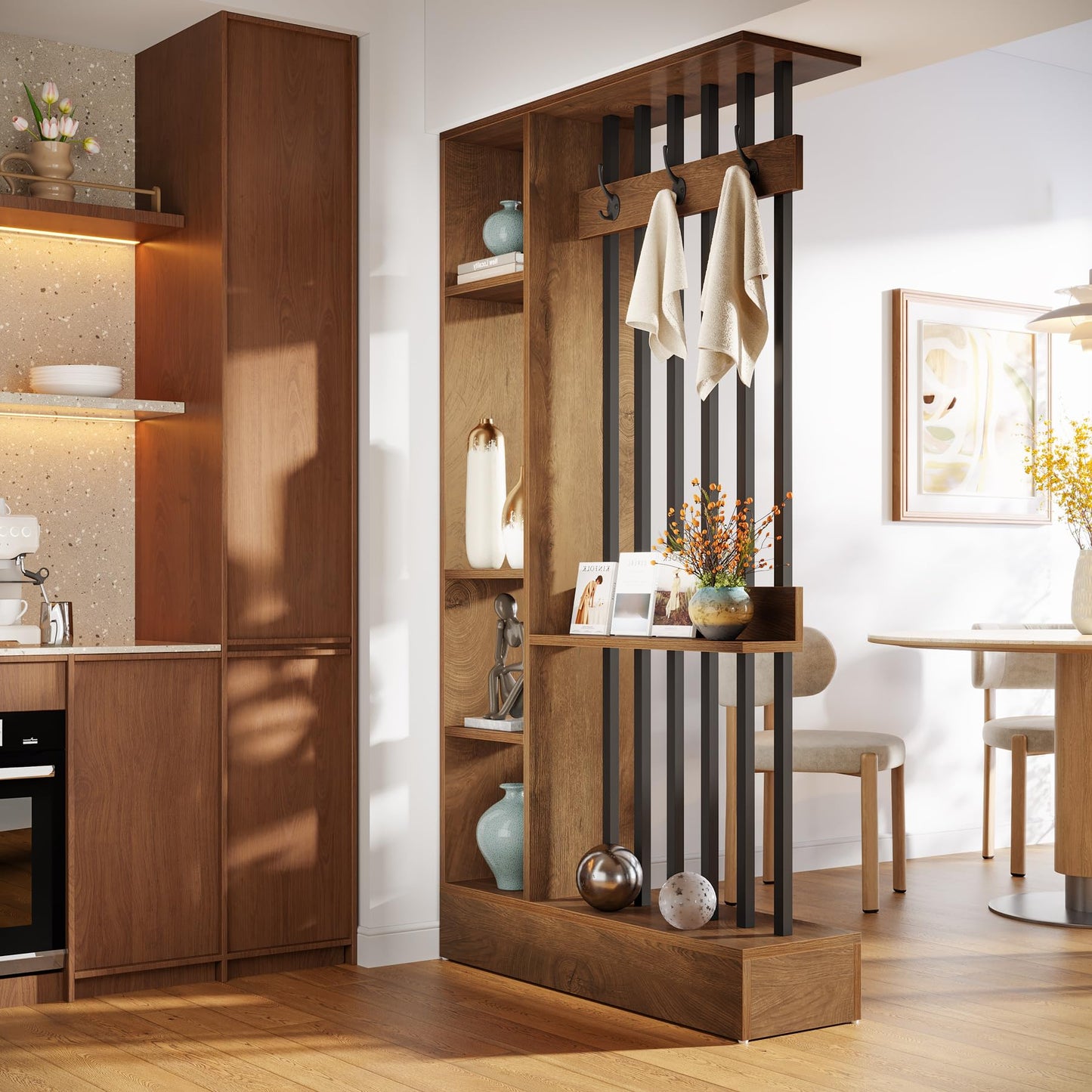 Tribesigns Wall Room Divider, Wood Freestanding Room Divider Bookcase with Shelves & Coat Hooks, 71" Modern Wall Partition for Home & Office Decorative, Brown