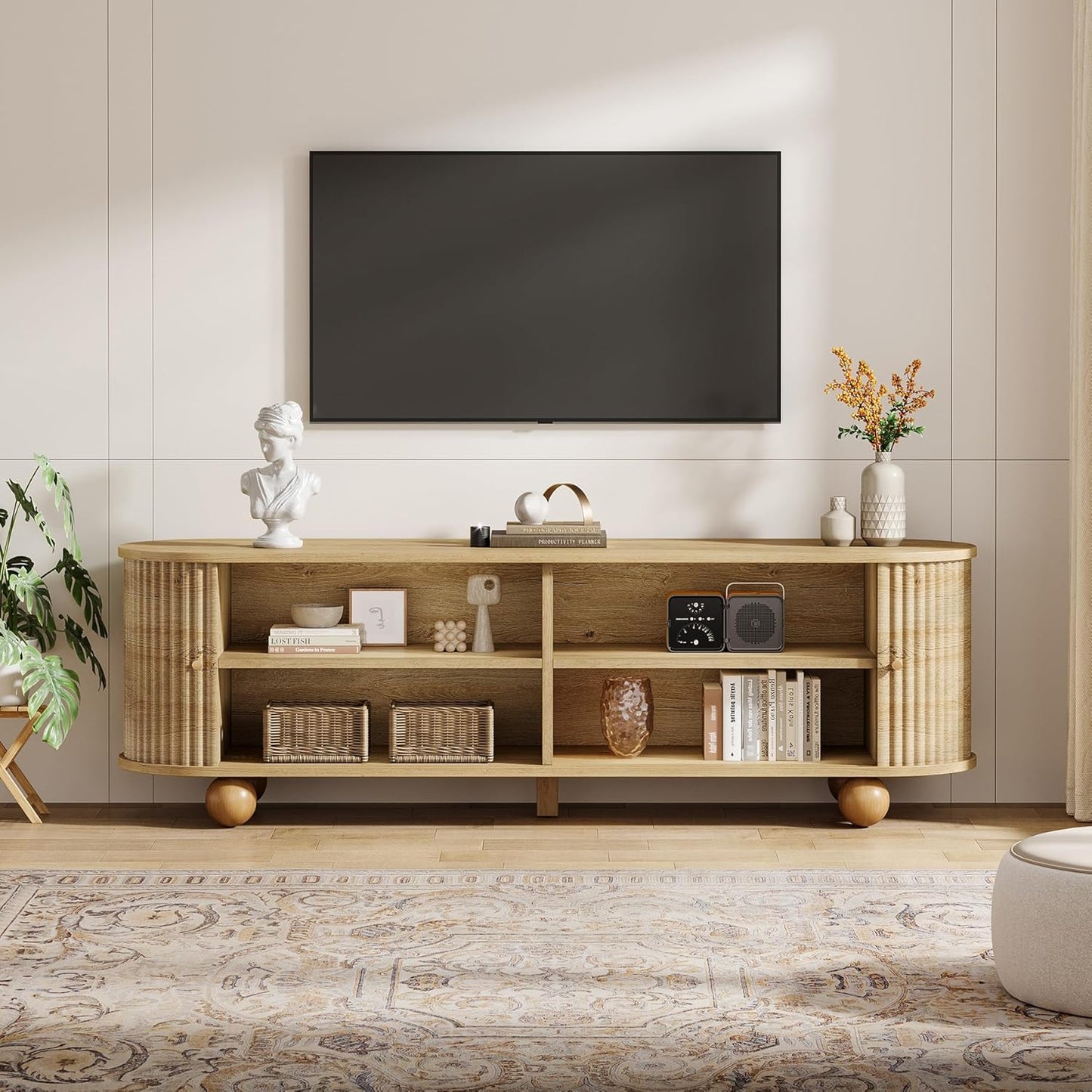 Tribesigns Farmhouse Fluted TV Stand, 70" Extra Long Media Console for TVs up to 65+ Inches, Wooden Entertainment Center with Storage Shelves and Sliding Doors for Living Room, Bedroom, Walnut