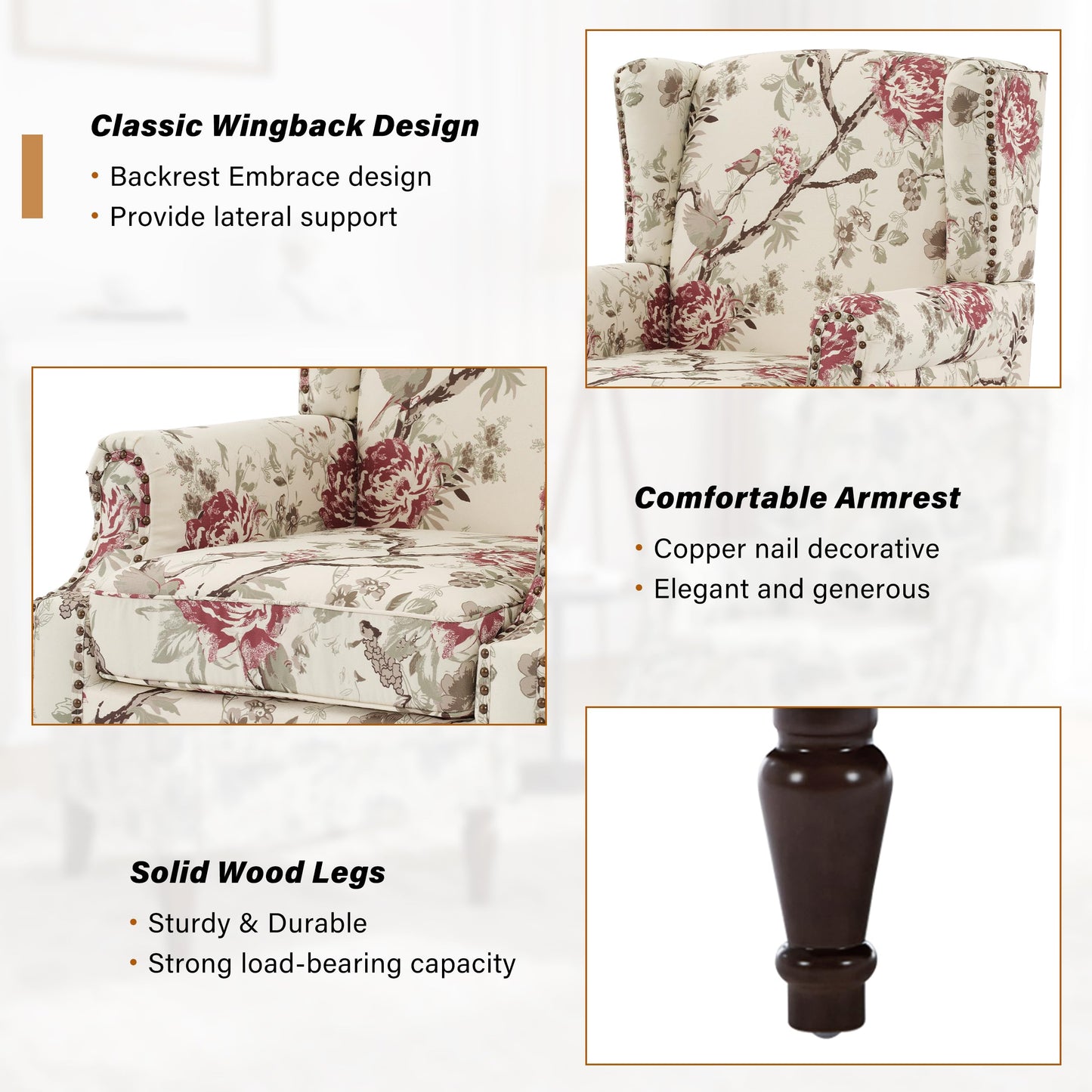 Floral Wingback Accent Chair, High Back Upholstered Armchair, Comfy Fabric Wingback Arms Chairs with Solid Wood Legs, Single Sofa Reading Chair for Bedroom Living Room, Beige
