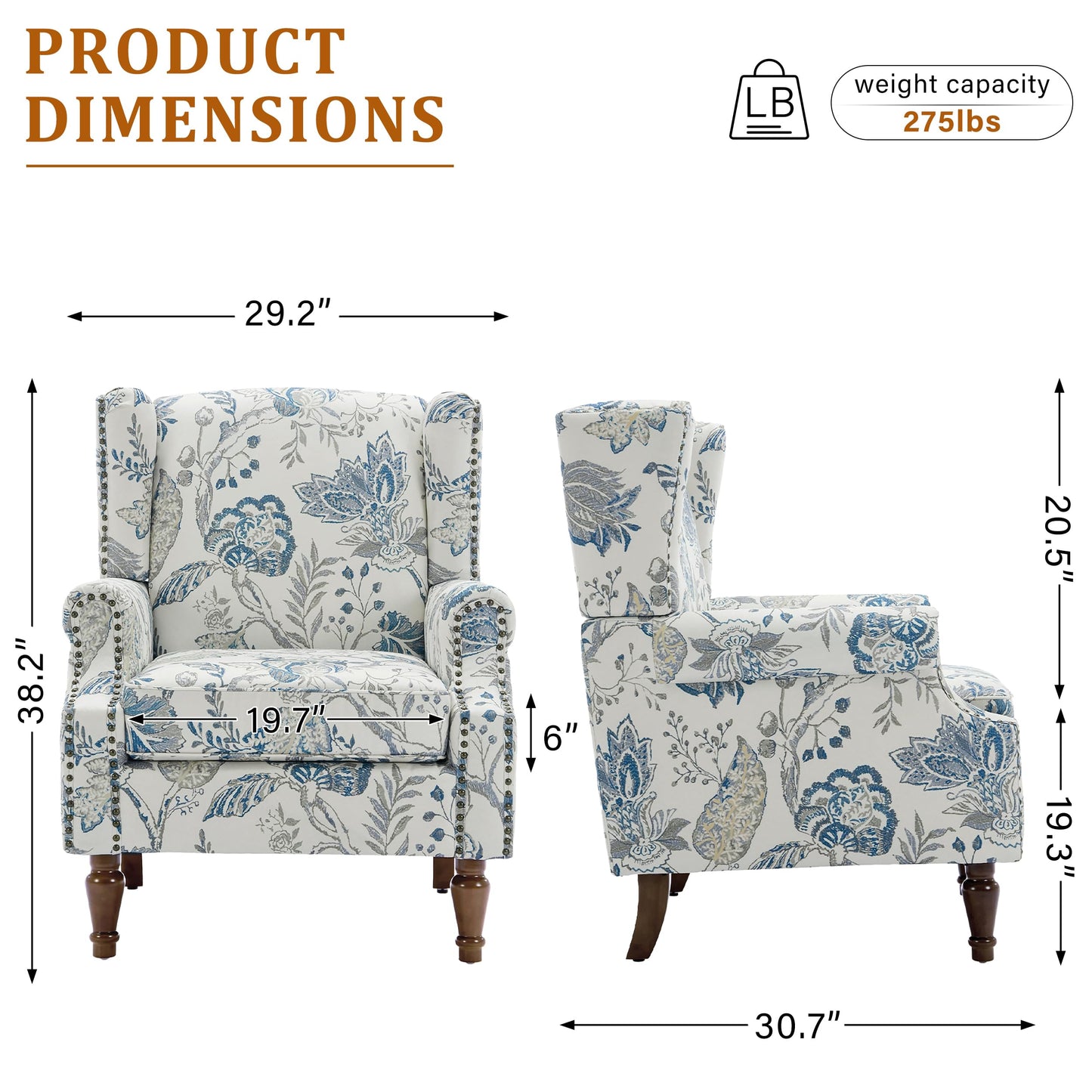 Floral Wingback Accent Chair, High Back Upholstered Armchair, Comfy Fabric Wingback Arms Chairs with Solid Wood Legs, Single Sofa Reading Chair for Bedroom Living Room, Beige