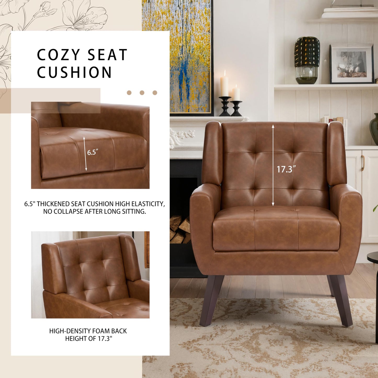 Faux Leather Accent Chairs Set of 2, Mid-Century Modern Upholstered Armchair, Comfy Living Room Chairs Reading Chairs with Button Tufted Back & Solid Wood Legs for Bedroom, Office, Black