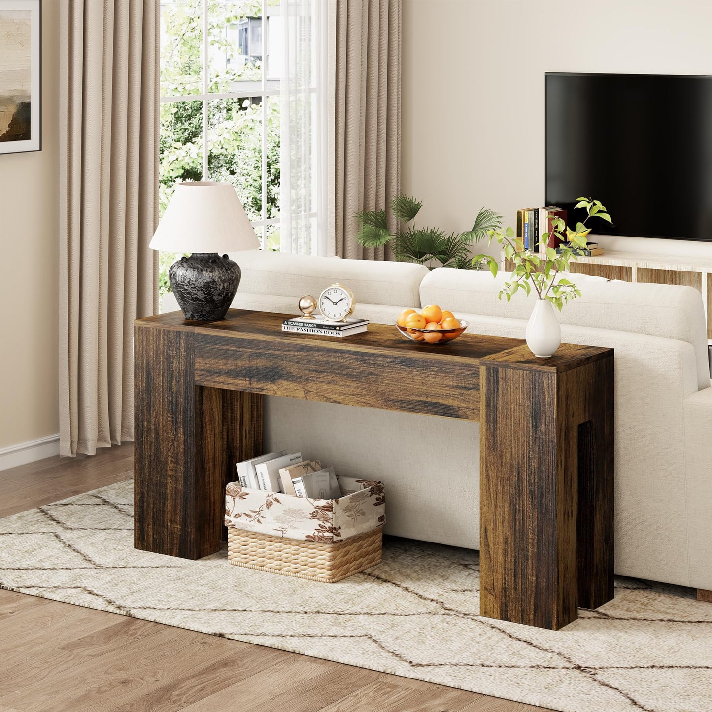 Epecoya Long Sofa Console Table for Entryway Living Room, 63-Inch Farmhouse Wood Behind Couch Table, Rectangular Accent Console with Wooden Double Base for Hallway Foyer Entrance, Rustic Brown