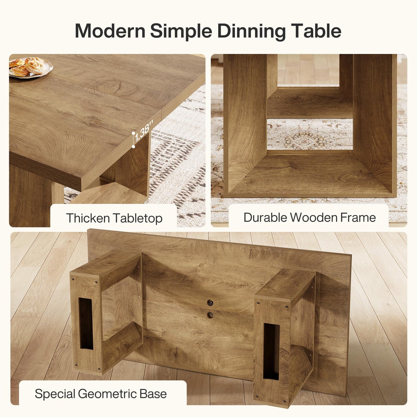 Tribesigns Farmhouse Dining Table, 63-Inch Rectangular Kitchen Table with Strong Geometric Frame for Kitchen & Dining & Living Room, Brown