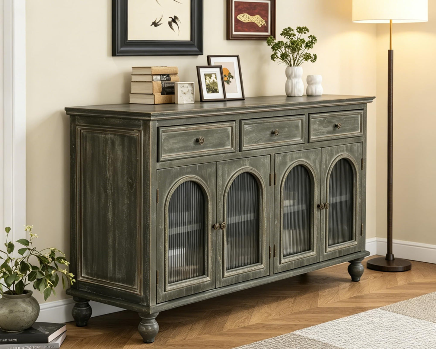 LKTART 60" Farmhouse Sideboard Buffet,Solid Fir Wood Frame with Hollowed-Out Carved Doors,Hand-Distressed Design,Versatile Storage Cabinet for Kitchen, Living Room,Natural Wood