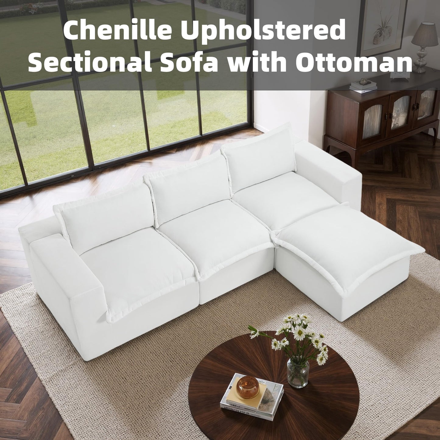116" Modular Sectional Sofa, Comfy L Shaped Modular Coush Sofa with Ottoman, 3-Seat Chenille Cloud Couches Deep Seat Sofa for Living Room, Apartment, Small Spaces, Beige