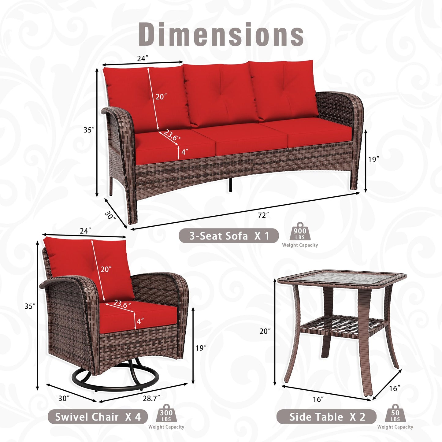 4 Piece Patio Conversation Set - 2 Swivel Chairs 1 Coffee Table 3-Seater Sofa, PE Wicker & Steel Patio Furniture with Heavy-Duty Steel Frame,Weatherproof Cushions, Red