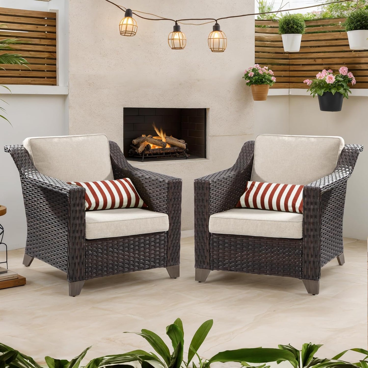 Joyside Outdoor Wicker Chair, Patio Dining Chairs Set 2 Pieces, High Back Single Chairs, Upgraded Large Size with 4inch Seat Cushions for Backyard, Garden, Poolside, (Brown/Beige)