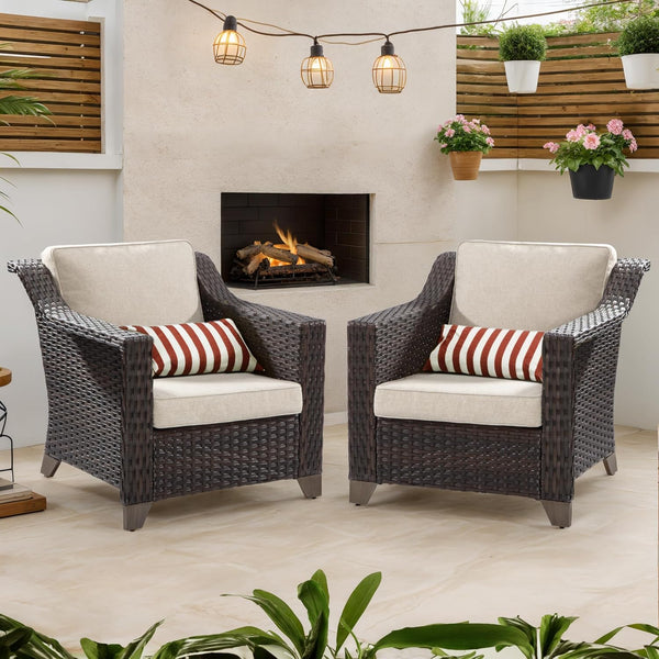 Joyside Outdoor Wicker Chair, Patio Dining Chairs Set 2 Pieces, High Back Single Chairs, Upgraded Large Size with 4inch Seat Cushions for Backyard, Garden, Poolside, (Brown/Beige)
