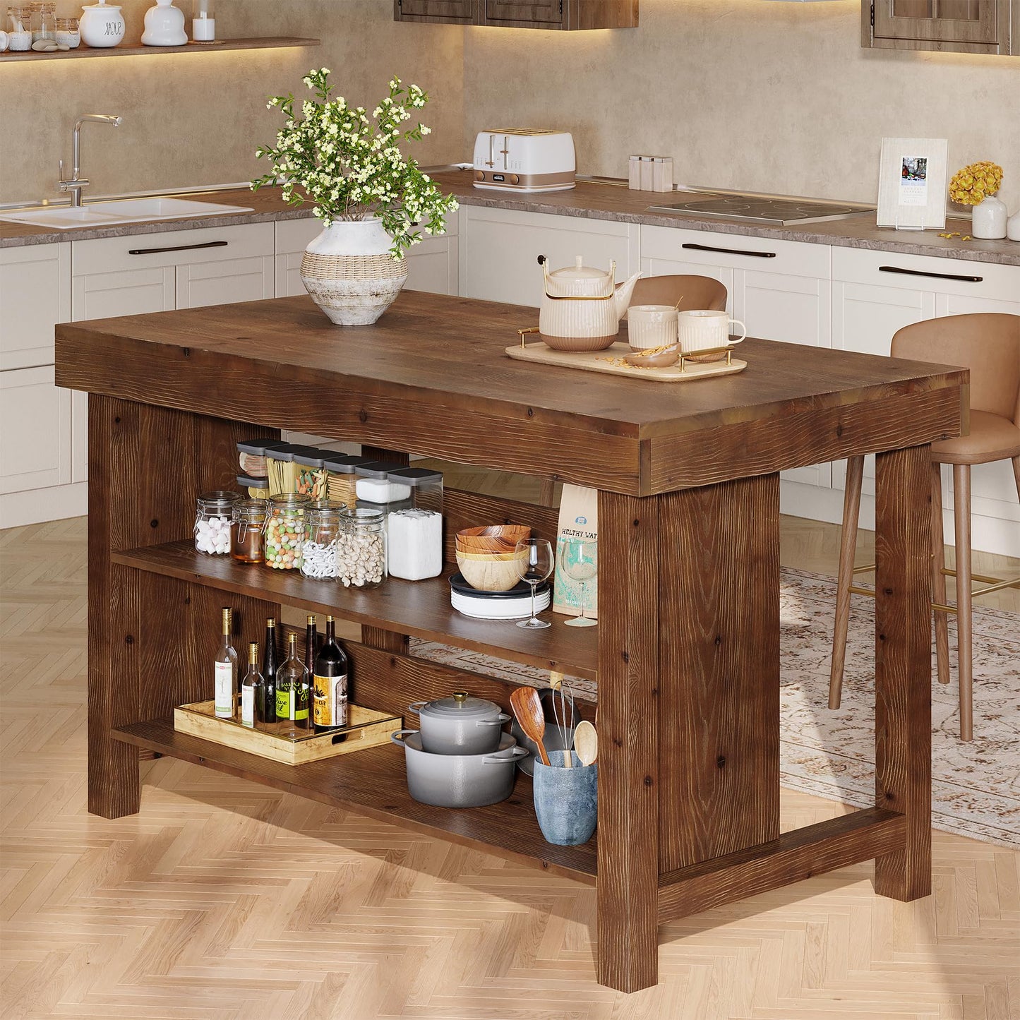 Solid Wood Large Kitchen Island, 3-Tier 55 Inch Stationary Center Island Table with Open Storage Shelves, Farmhouse Counter Height Coffee Bar for Kitchen, Dining Room, Living Room, Brown