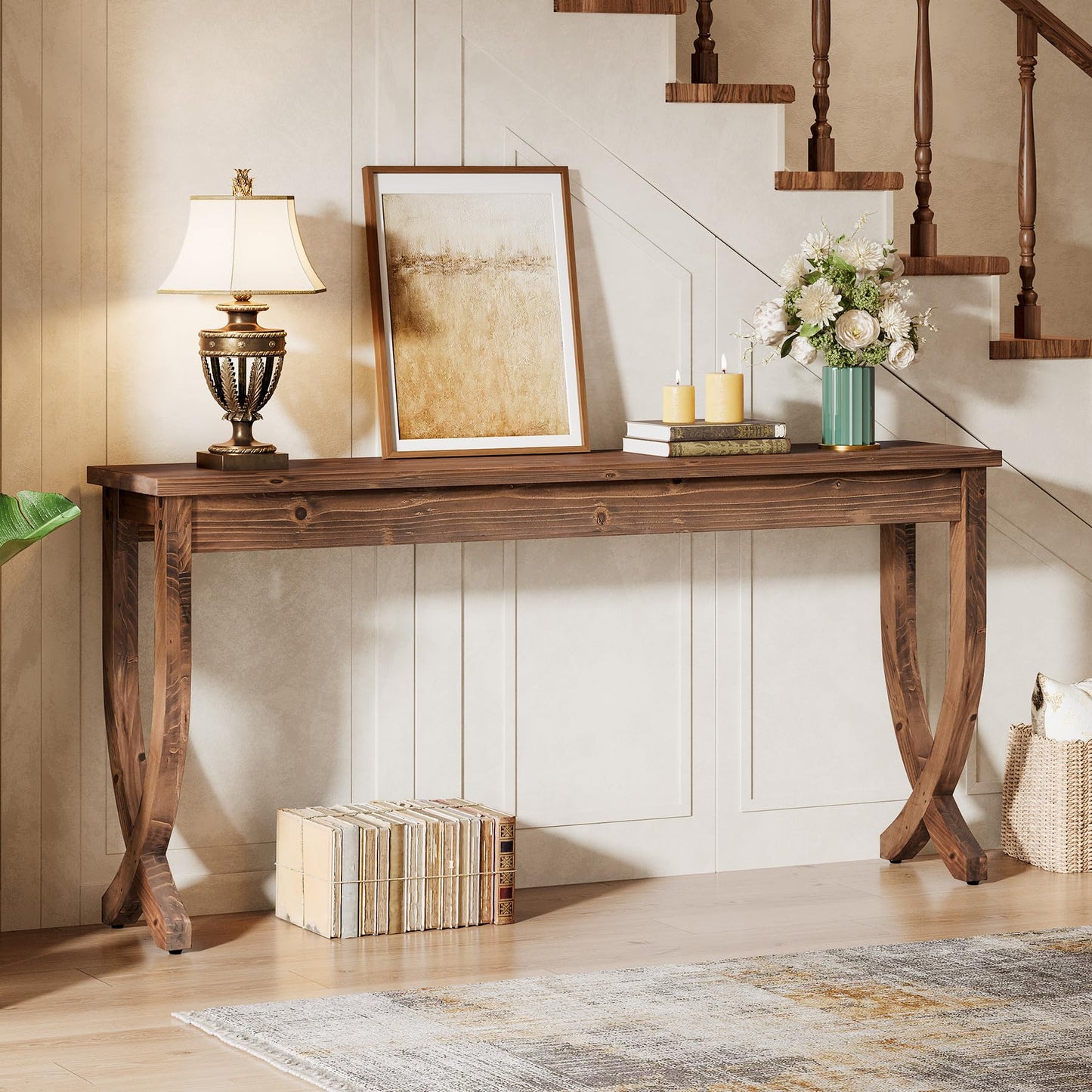 Solid Wood Console Table for Entryway, 63-Inch Narrow Long Sofa Table, Farmhouse Hallway Table for Living Room, Entrance, Foyer (Brown)