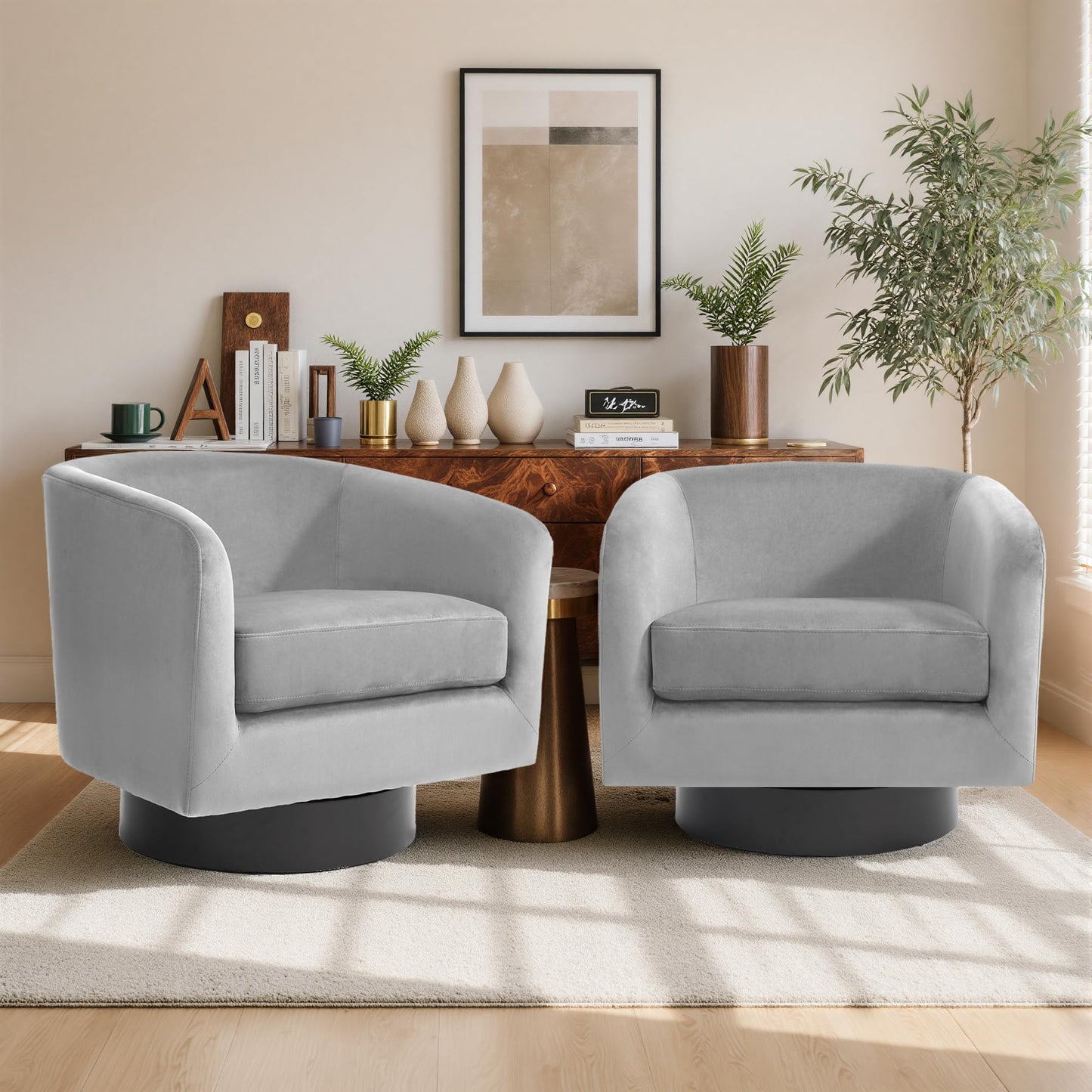 Swivel Barrel Chairs Set of 2, 31" W Modern Faux Leather Round Swivel Accent Chair for Living Room, 360° Rotation Upholstered Armchair Club Chair for Bedroom, Reading Room, Office (Brown)