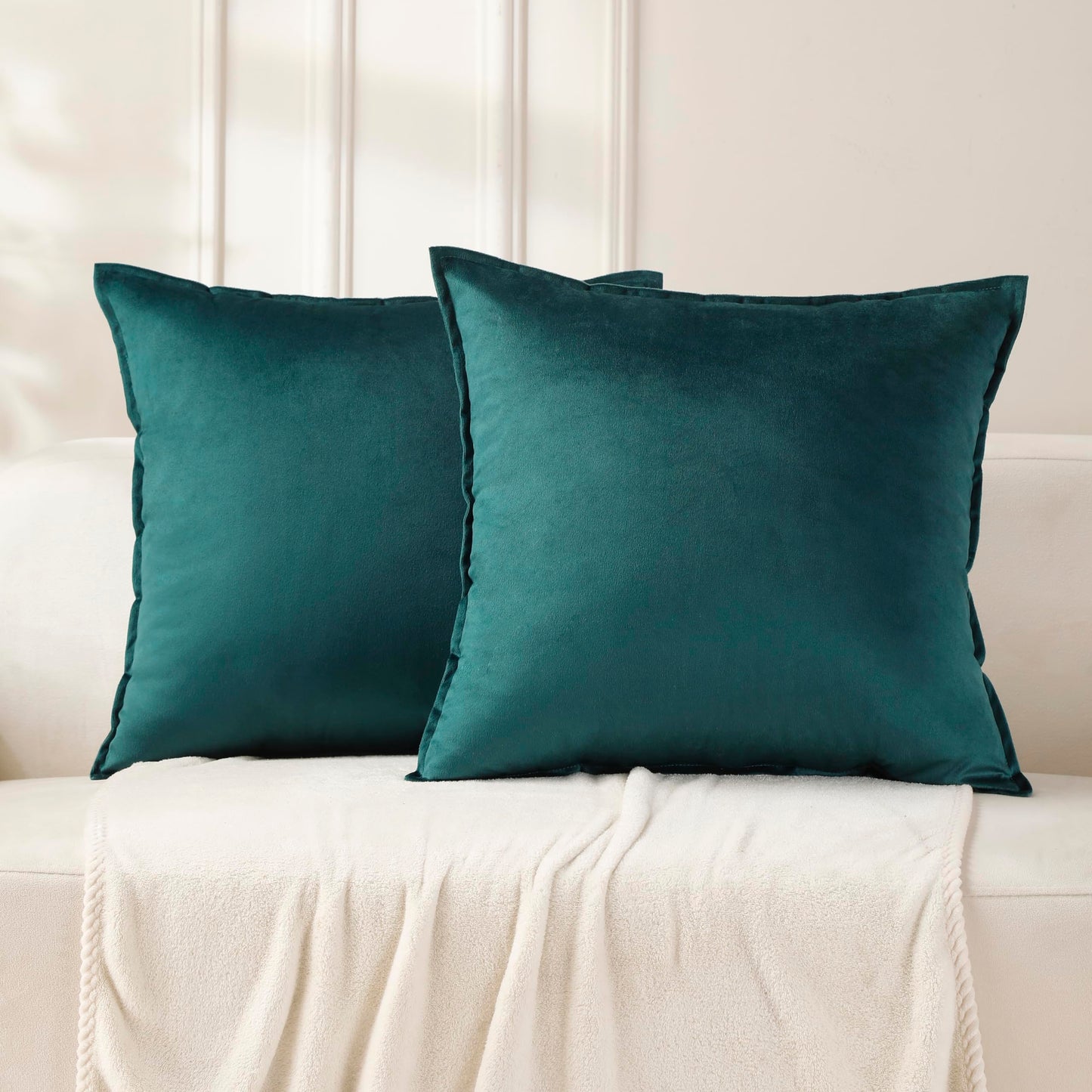 VAKADO Throw Pillow Covers 18x18 Set of 2 Olive Green Velvet Decor Decorative Couch Cushion Euro Xmas Pillowcases with Fringe Home Bed Decoration for Sofa Bedroom Office