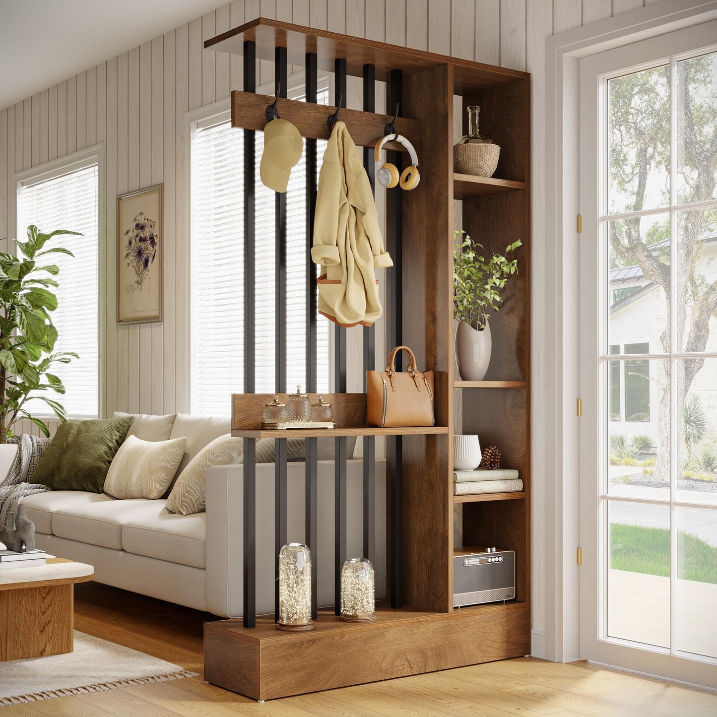 Tribesigns Wall Room Divider, Wood Freestanding Room Divider Bookcase with Shelves & Coat Hooks, 71" Modern Wall Partition for Home & Office Decorative, Brown