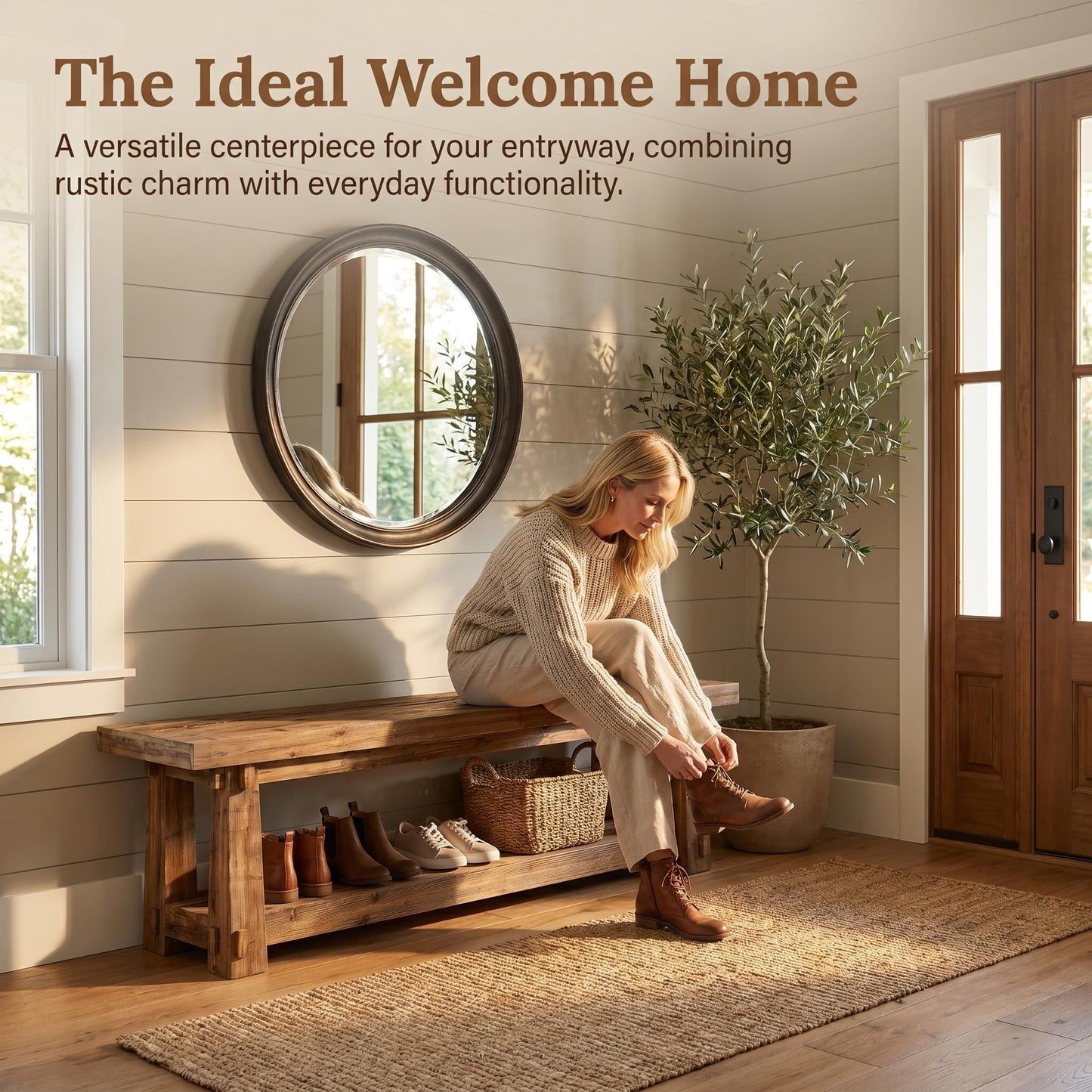 55" Solid Wood Entryway Bench with Shoe Storage, Rustic Wood Grain Shoe Rack Window Bench Seat for Foyer, Hallway, Mudroom, Bedroom, Easy Assembly (Rustic Light Wood)
