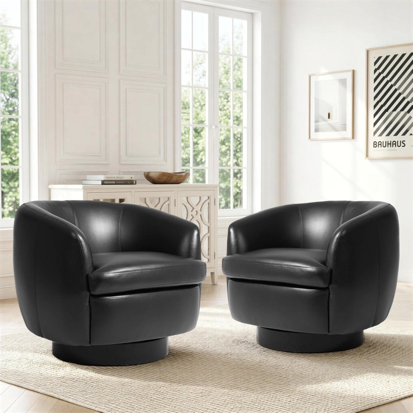 Faux Leather Swivel Barrel Chair, Modern Round Swivel Accent Chair with 360° Rotation, Upholstered Armchair Club Chair for Living Room Bedroom Office (Light Brown)