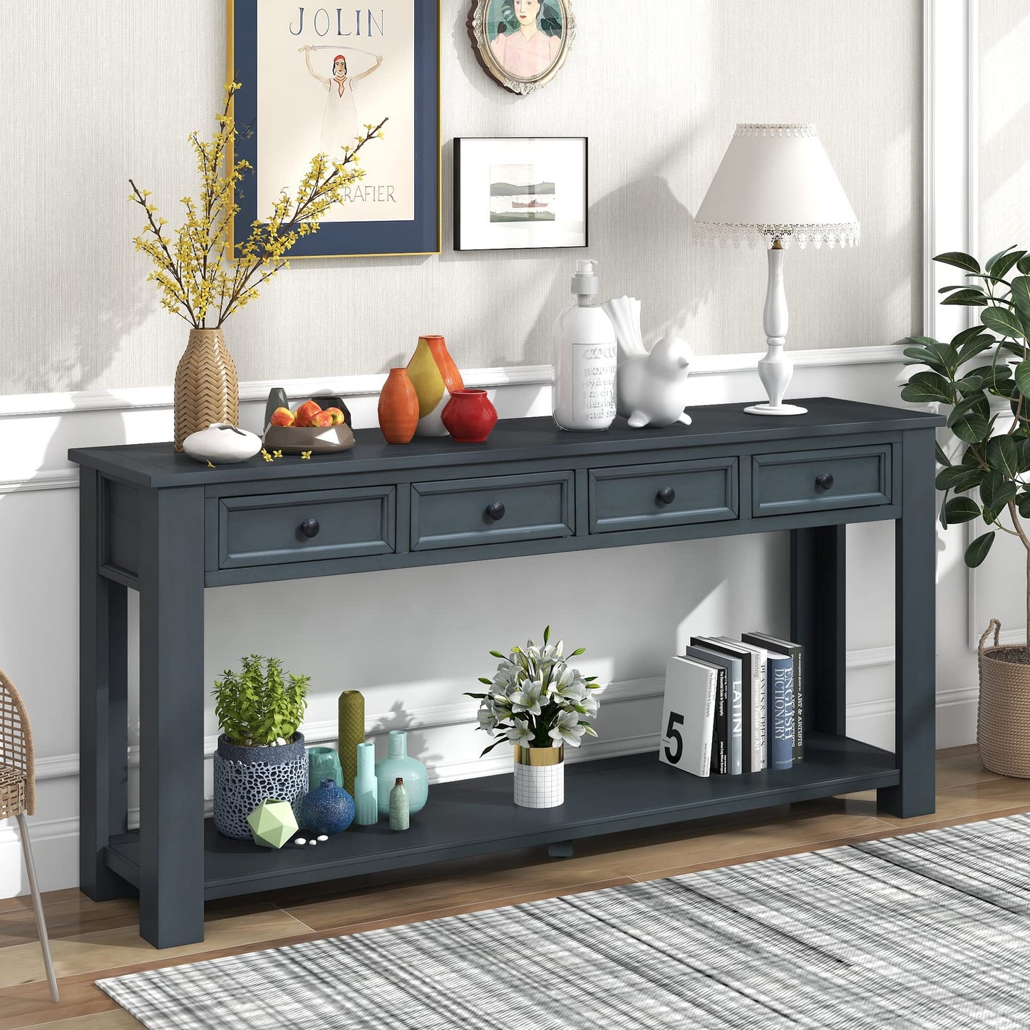 LKTART 63" Solid Wood Console Table Sofa Table with Storage Drawers and Bottom Shelf,Farmhouse Entryway Table for Hallway Foyer,Living Room,Easy Assembled (63" Espresso)