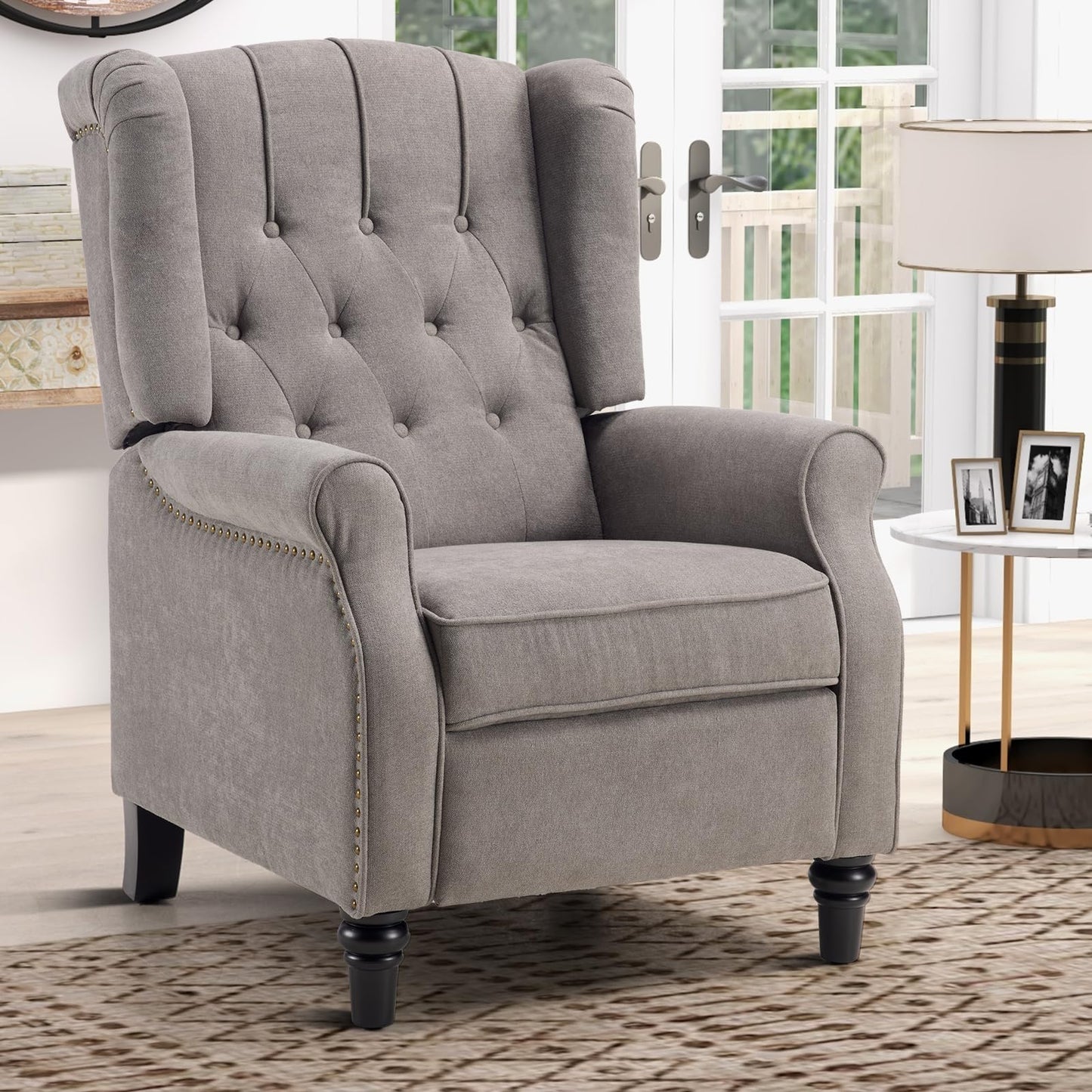 IOMOR Push Back Recliner Chair Fabric Lounge Armchair Pushback Recliner with Rivet Decoration Wingback Single Sofa Chair with Padded Seat for Living Room, Bedroom (1, Navy)