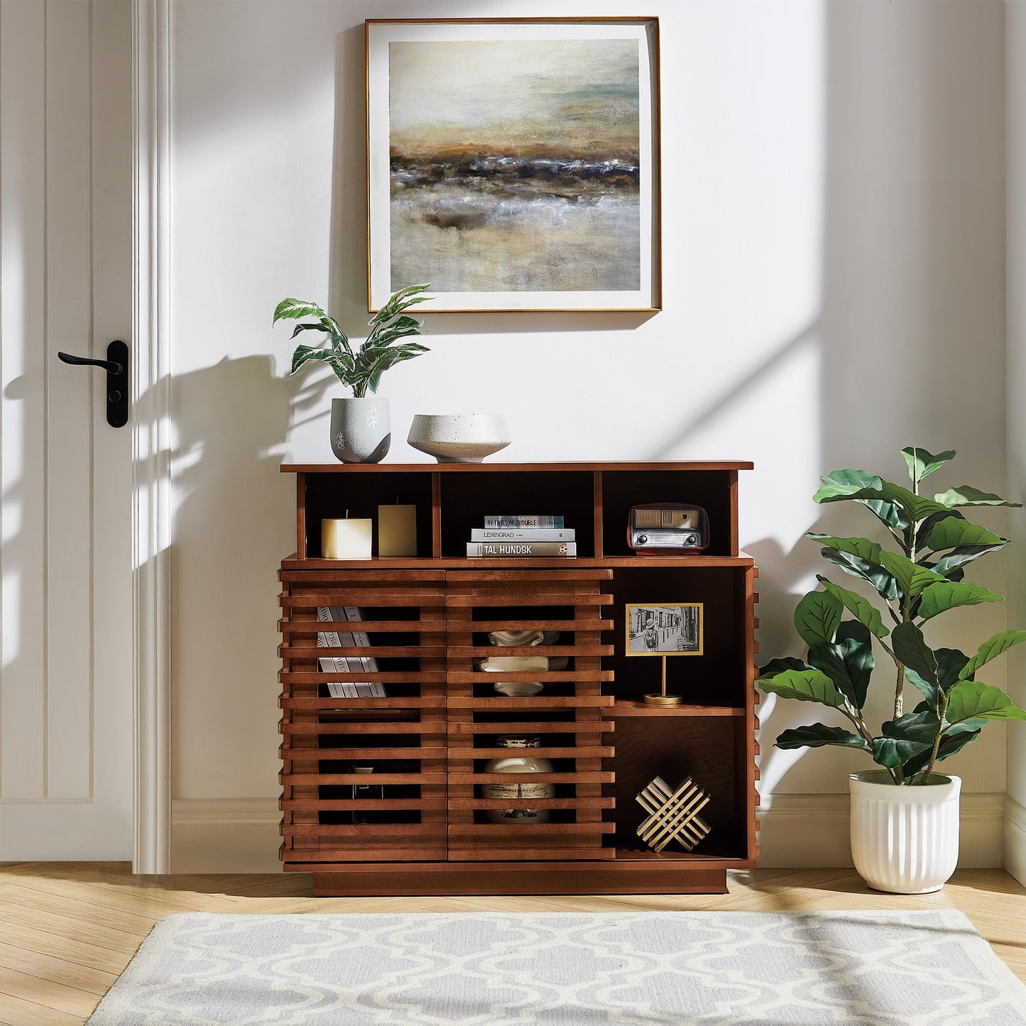 LKTART 63" Rattan Sideboard Buffet Cabinet,Kitchen Storage Cabinet,Wood Coffee Bars with 4 Doors & Open Storage Shelves,Mid Century Modern Credenza Console Table for Living Room,Walnut