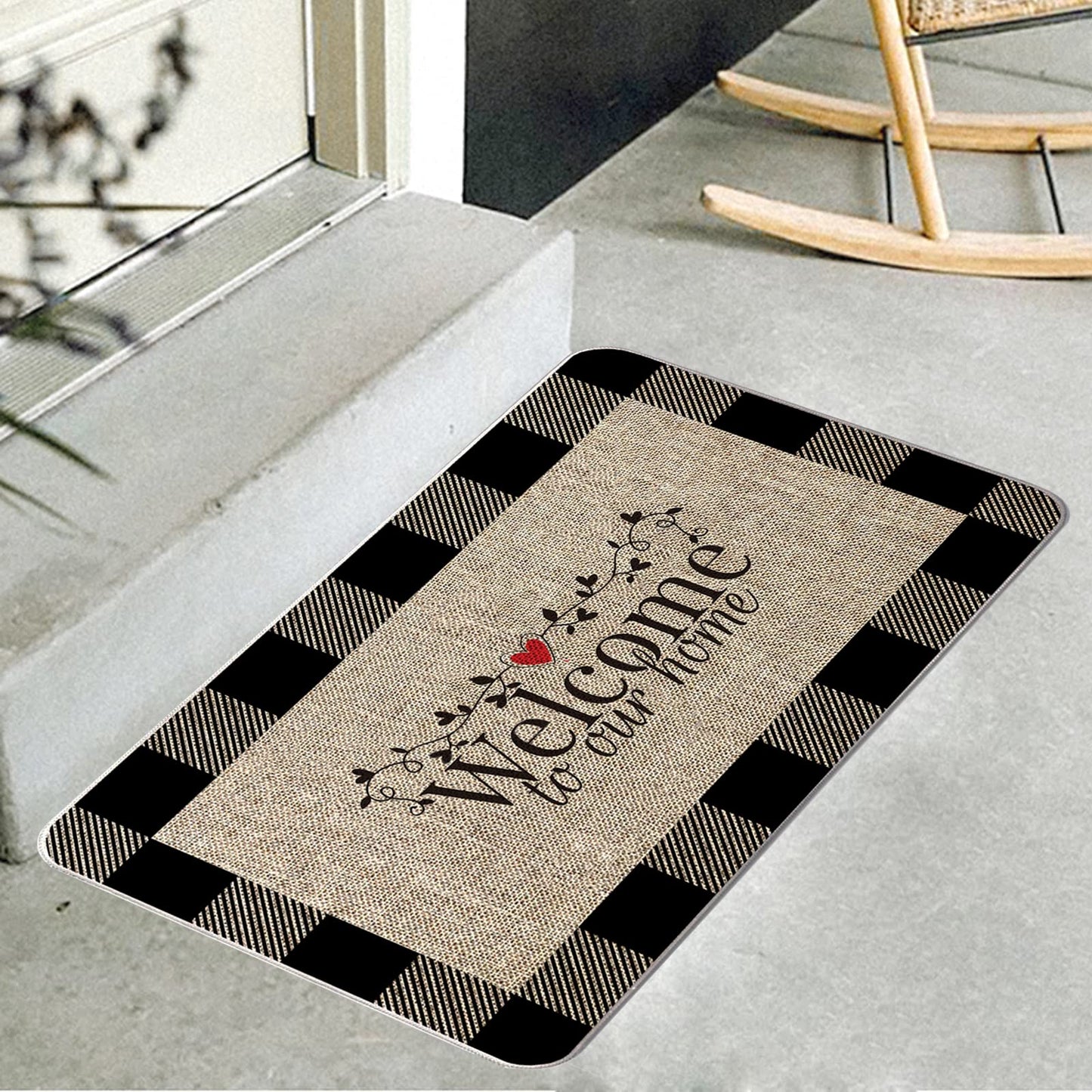 VAKADO Fall Outdoor Welcome Door Mat for Front Door Entrance Classroom Farmhouse Doormat Non-Slip Rubber Backing Autumn Entrance Rug Easy to Clean 17x29 Inch,Black White Buffalo Check Plaid