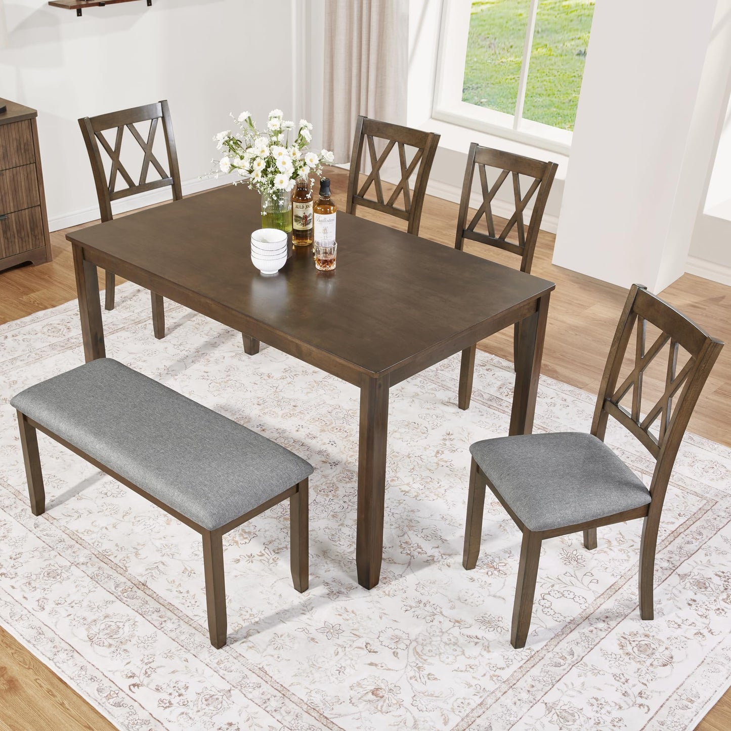 LKTART 6 Piece Kitchen Dining Set, 58.5" Rectangular Wooden Dinner Table with 4 Upholstered Chairs and a Bench for Living Room, Home Bar and Kitchen, Walnut