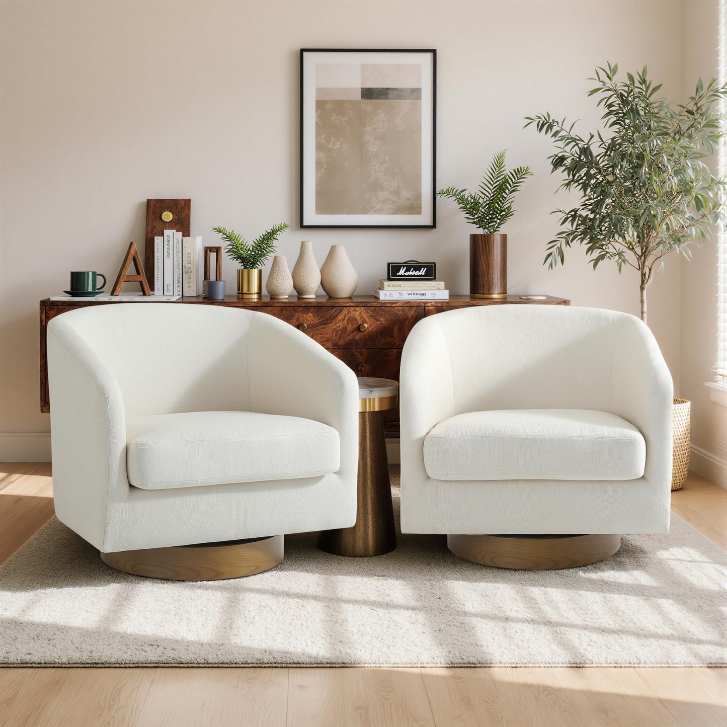 Swivel Barrel Chairs Set of 2, 31" W Modern Faux Leather Round Swivel Accent Chair for Living Room, 360° Rotation Upholstered Armchair Club Chair for Bedroom, Reading Room, Office (Brown)