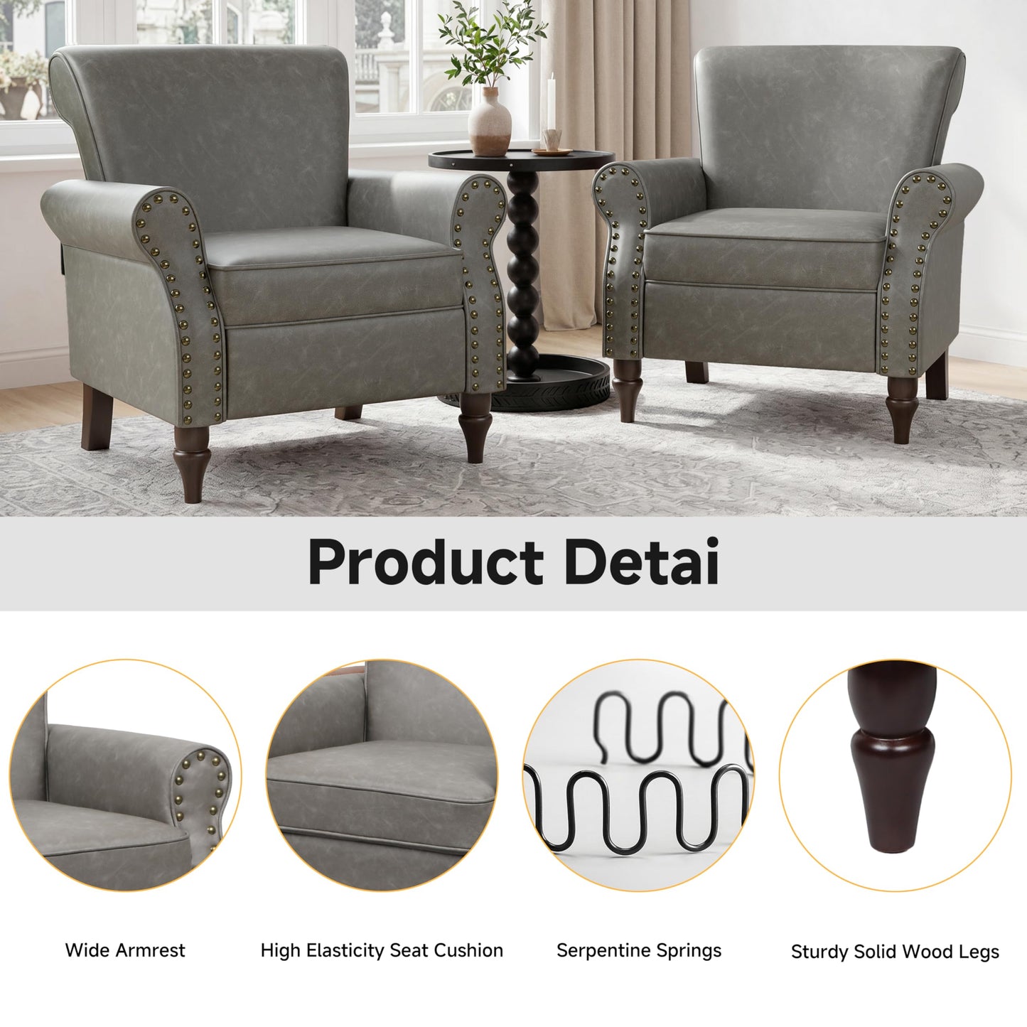 Wingback Accent Chairs Set of 2, Mid-Century Modern Upholstered Armchair Living Room Chair with Nailhead Trim & Rolled Armrest, Comfy Lounge Chair Single Sofa Chair for Bedroom, Light Blue
