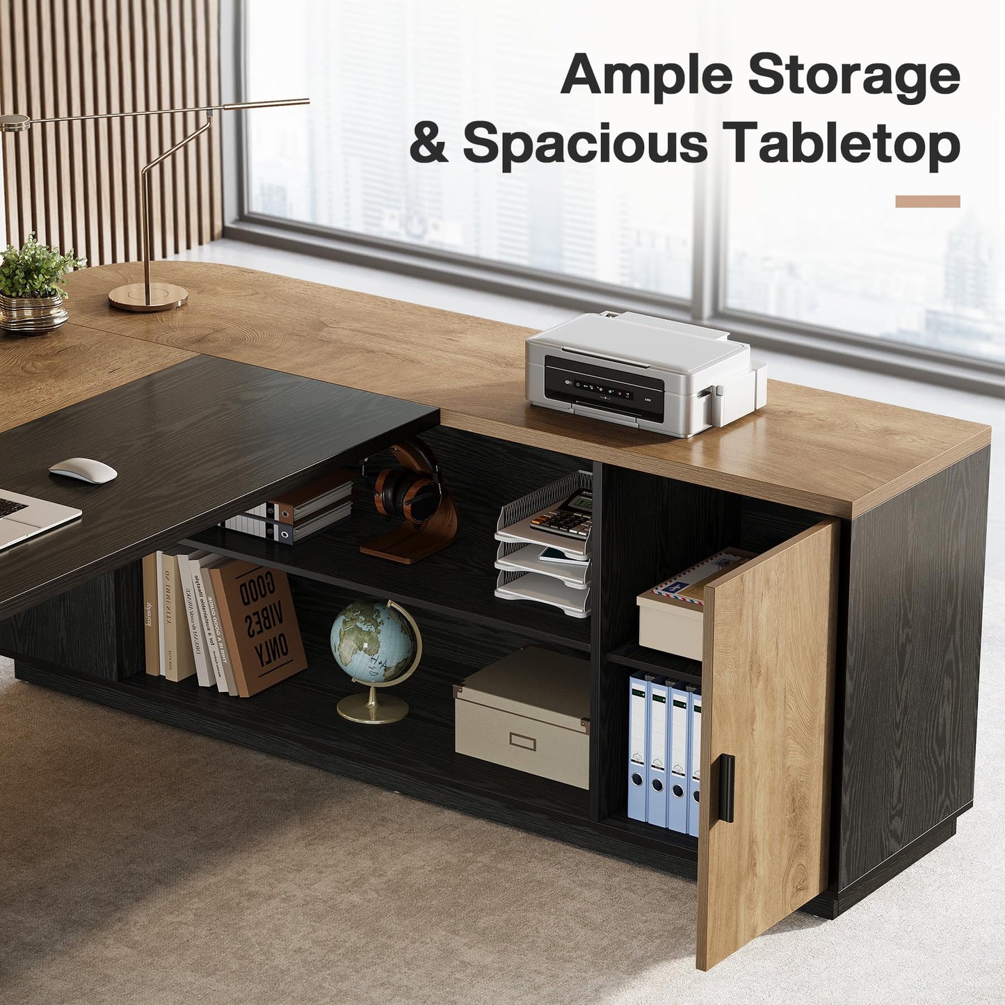 Tribesigns 79-Inch Executive Desk, Large Office Desk with Cabinet, L-Shaped Compter Desk with Storage Shelves, Writing Table for Home Office, Brown and Black