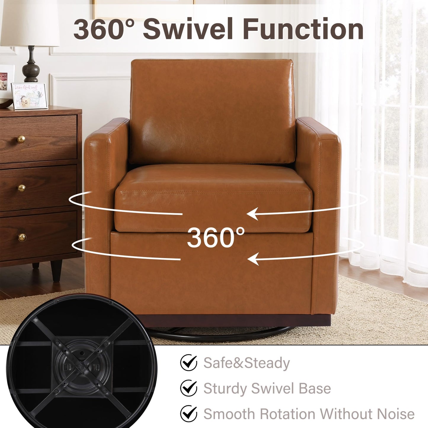 Faux Leather Swivel Accent Chairs Set of 2, 360° Swivel Upholstered Club Armchairs for Living Room, 31" Wide Square Single Sofa Reading Chair with Deep Seat, Metal Swivel Base, Navy