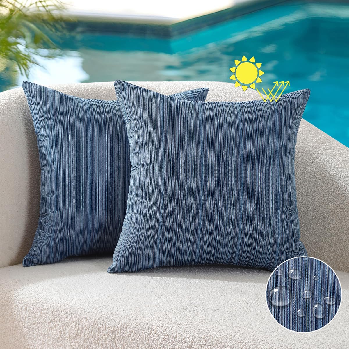 VAKADO Outdoor Waterproof Throw Pillow Covers 18x18 Set of 2 Decorative Outside Patio Furniture Cushion Cases Decor for Garden Bench Porch Couch Tent Chair Stripe Blue