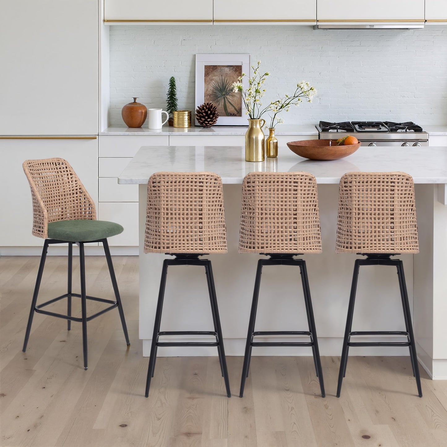 28.7" Swivel Bar Stools Set of 2, Mid Century Modern Counter Height Barstools with Rattan Backrest, Upholstered Chenille Armless Bar Chair Island Stools for Kitchen Island, Bar, Beige