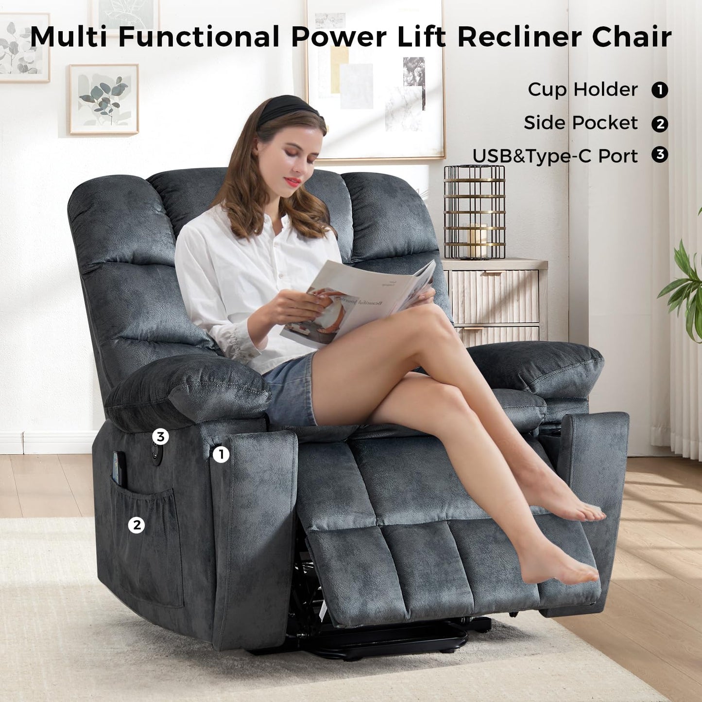 IOMOR Large Power Lift Recliner with Massage and Heat for Elderly, Heavy Duty & Safety Motion Reclining Mechanism, Ergonomic Electric Wider Chair with USB Port, 2 Hidden Cup Holders (1, Brown)
