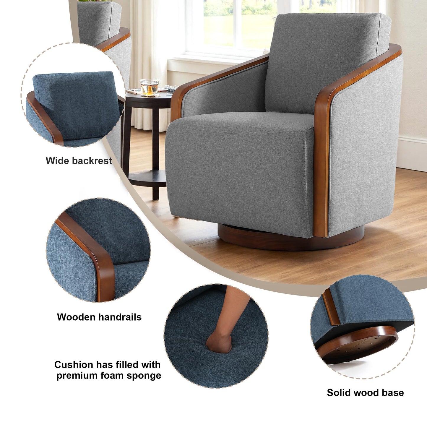 360° Swivel Barrel Chairs Set of 2, Upholstered Swivel Round Barrel Chair, Comfy Chenille Fabric Single Club Armchair Accent Chair for Living Room, Reading Room, Bedroom, Beige Brown