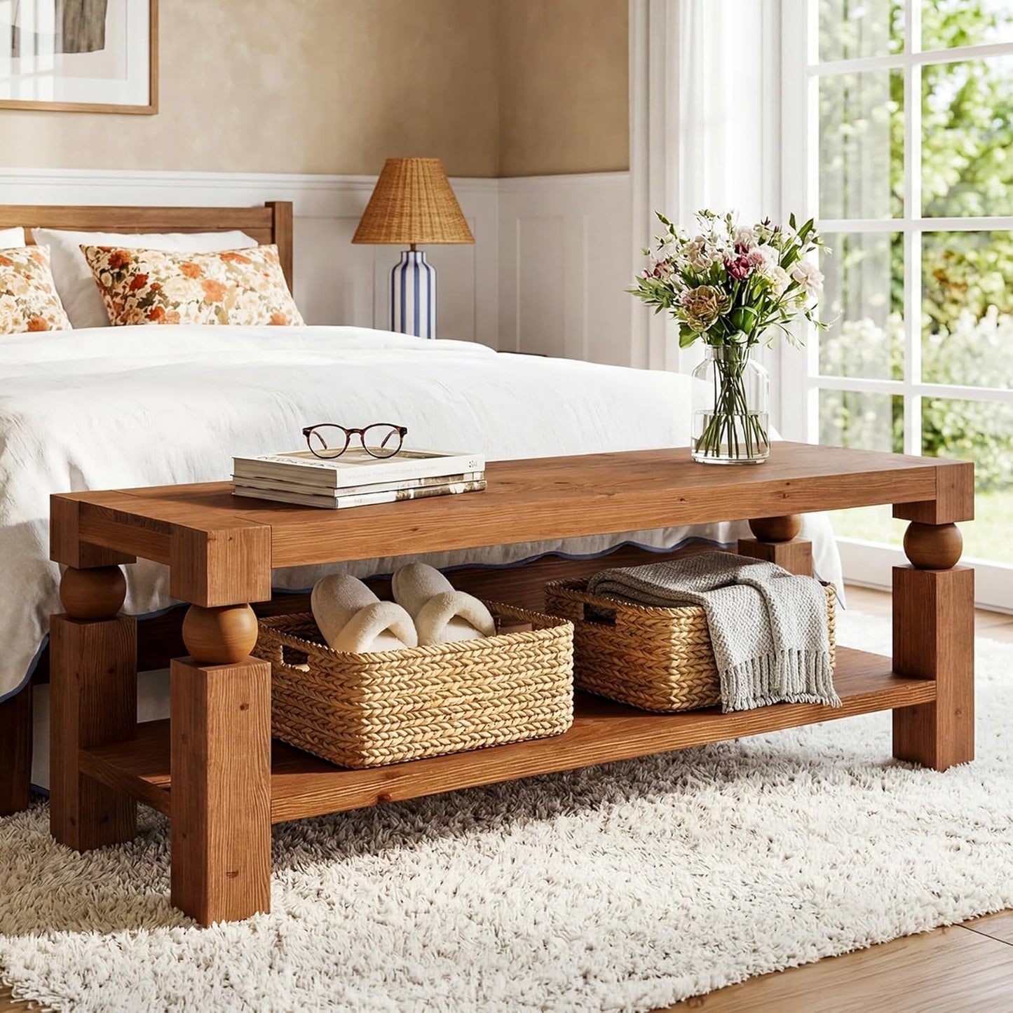 47-Inch Entryway Bench with Shoe Storage, Solid Wood Shoe Rack Bench, Narrow Storage Bench, Long Rustic Wood Bench for Indoor, Bedroom, Hallway, Living Room (Brown)