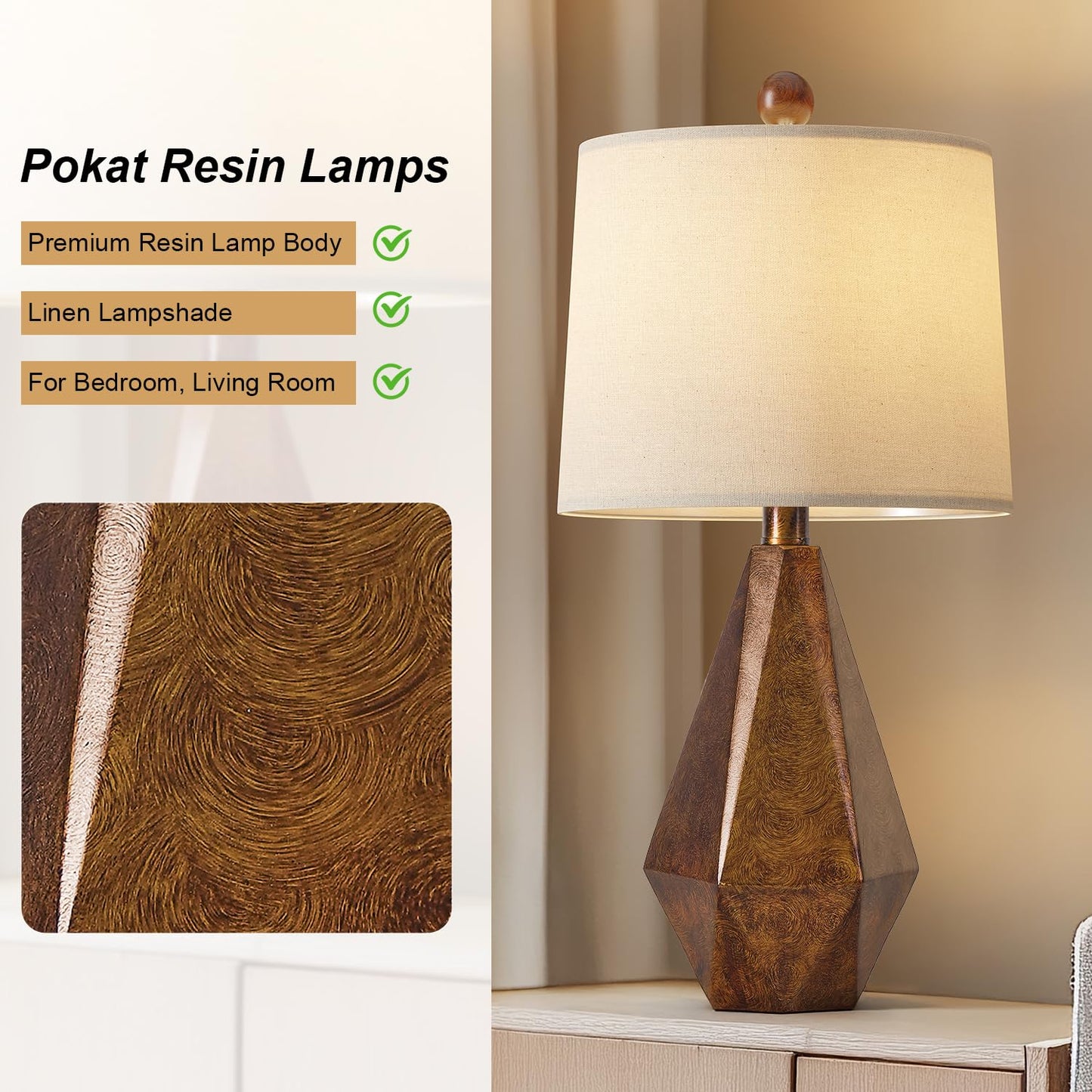 PoKat 20.25" Retro Farmhouse Table Lamp Set of 2 - Living Room & Bedroom Rustic Linen Bedside Nightstand Lamps for Kids, Study, Office - Resin, Suitable for Small Places