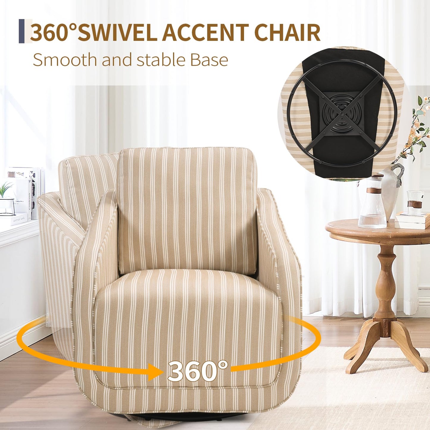 IOMOR Swivel Barrel Accent Chair, 360 Degree Comfy Swivel Reading Chair with Removable Back, Modern Sofa Chair with Oversize Base for Living Room, Bedroom, Office, Fully Assembled (1, Blue Stripe)