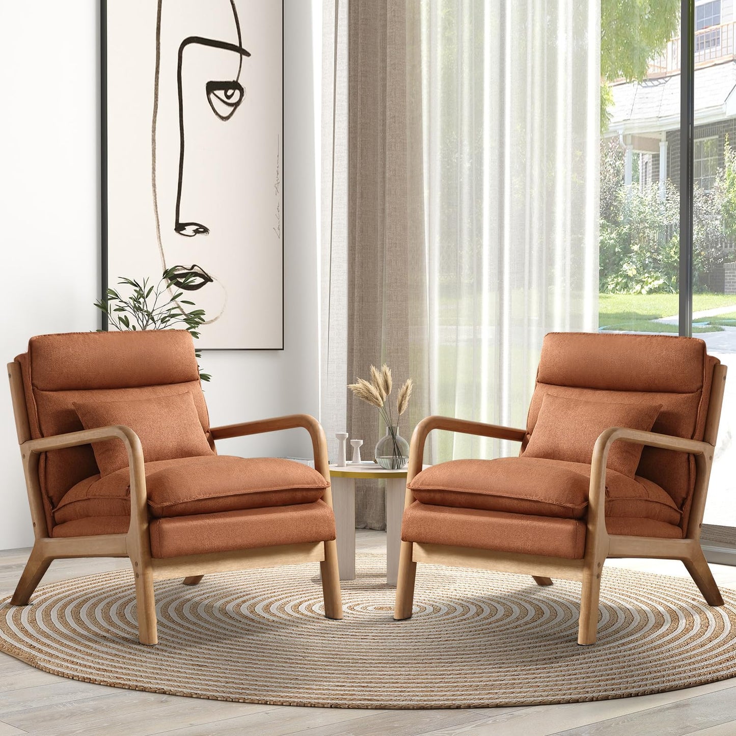 IOMOR Mid Century Modern Accent Chair, Upholstered Lounge Armchair with Plump Back Pillow, Comfy Reading Chair with Solid Wood Frame for Bedroom Living Room, Brown