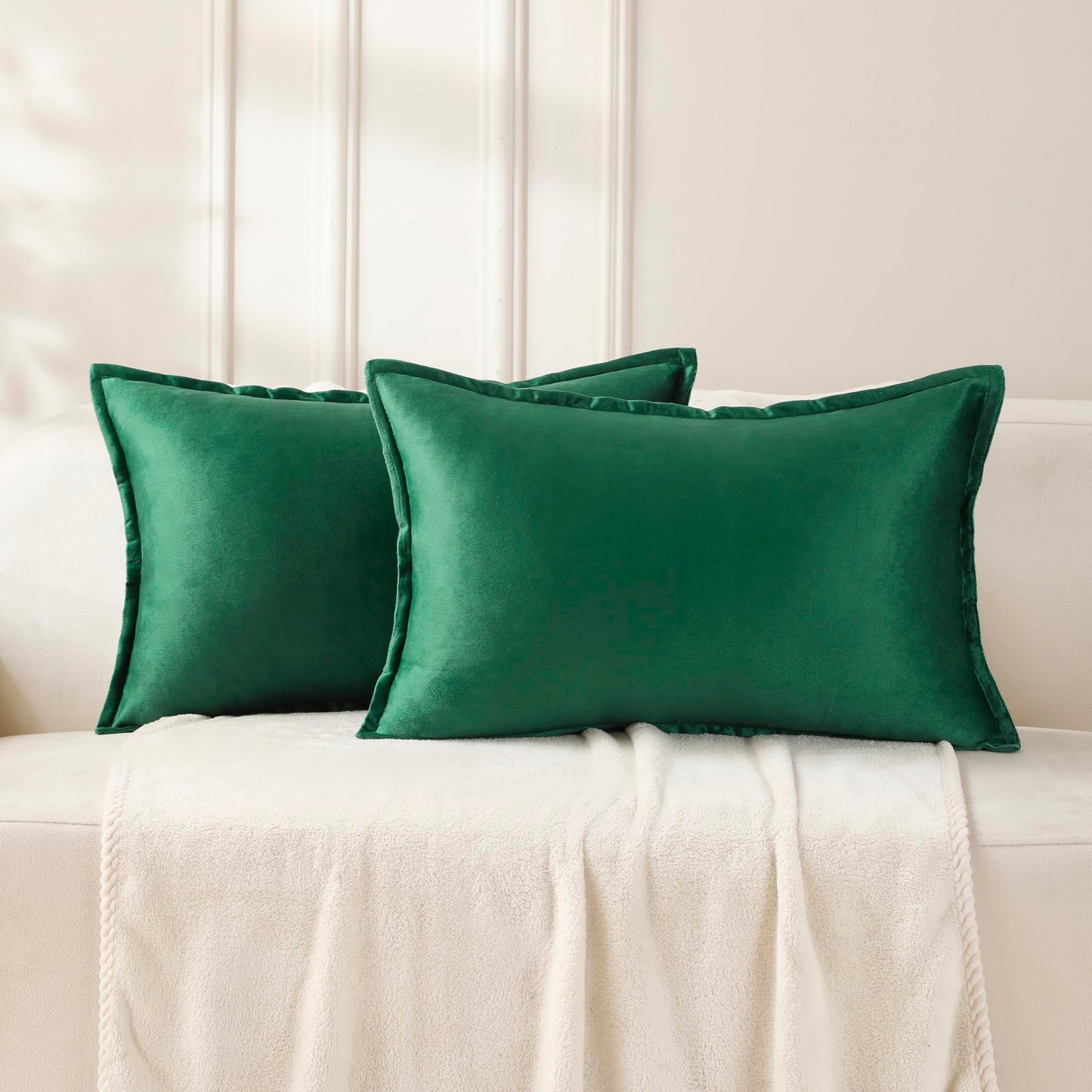 VAKADO Throw Pillow Covers 18x18 Set of 2 Olive Green Velvet Decor Decorative Couch Cushion Euro Xmas Pillowcases with Fringe Home Bed Decoration for Sofa Bedroom Office