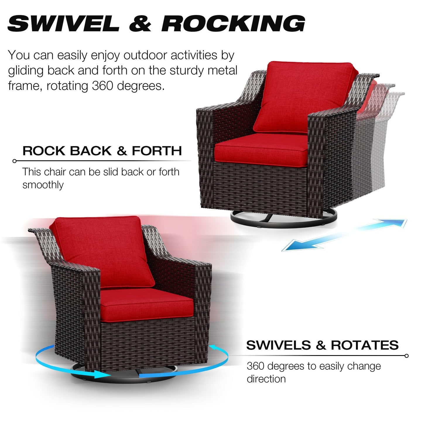 Joyside Patio Sofa - 3 Seater Rattan Sofa, All Weather High Back Sofa, Upgraded Large Size with 4inch Seat Cushions for Backyard, Garden, Poolside (Brown/Blue)