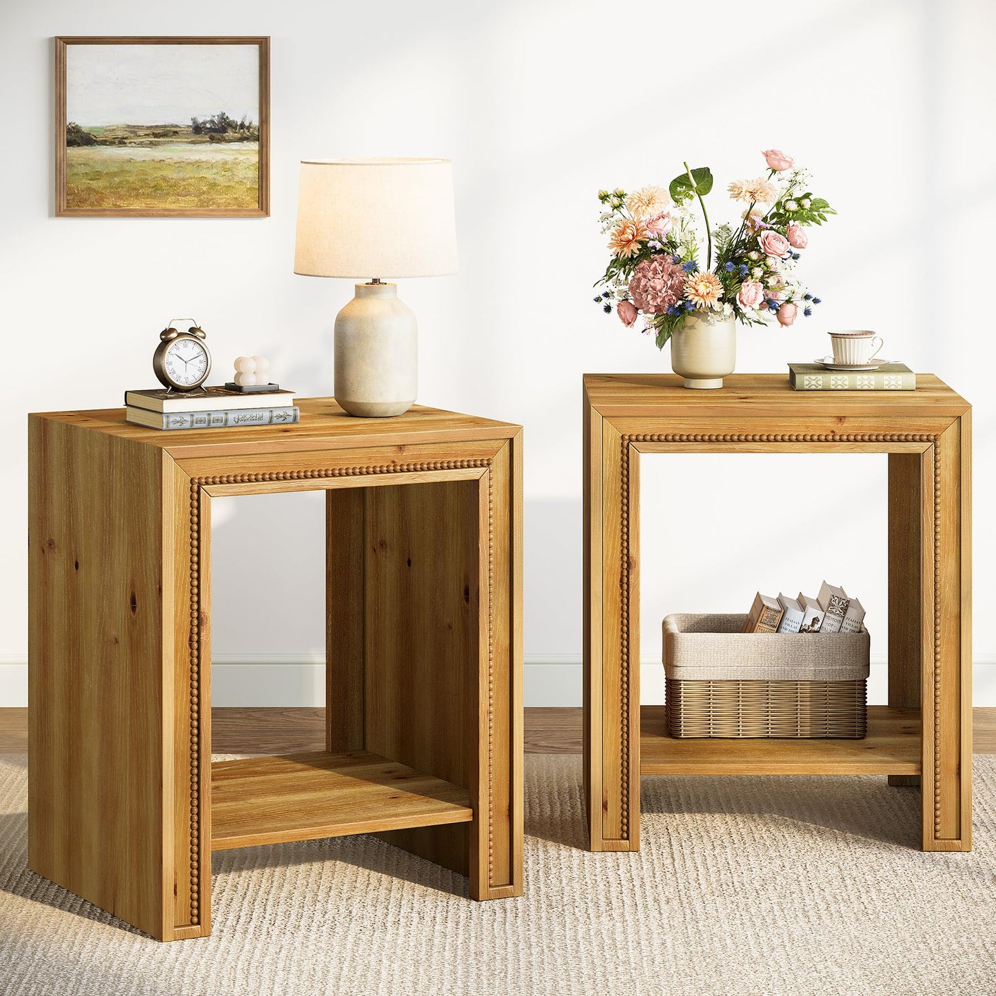 Solid Wood End Table, 2-Tier Farmhouse Side Table with Storage Shelves, Rustic Narrow Nightstand for Small Spaces, Living Room, Bedroom, Warm Brown (2)