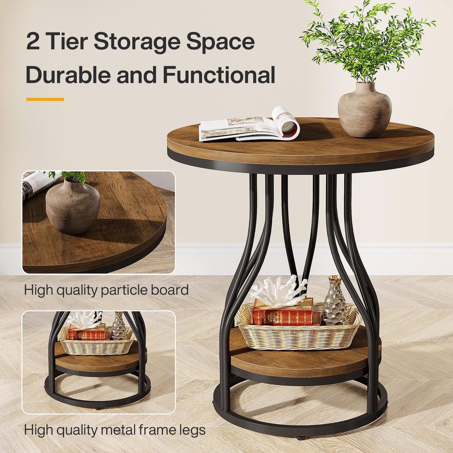 Tribesigns Round Side End Table 2-Tier End Tables Modern Bedside Table Small Chairside Tables with Storage for Couch Side, Nightstand with Metal Frame for Living Room (1, White+Gold)