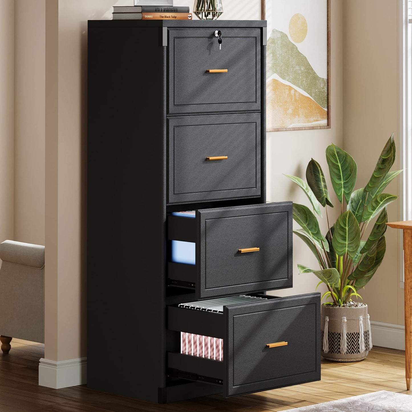 Tribesigns 4-Drawer File Cabinet with Lock, Locked File Cabinet with Key, Tall Wooden Filing Cabinets for Home Office, Vertical Office Storage for Legal Size/Letter/A4/Files, Brown