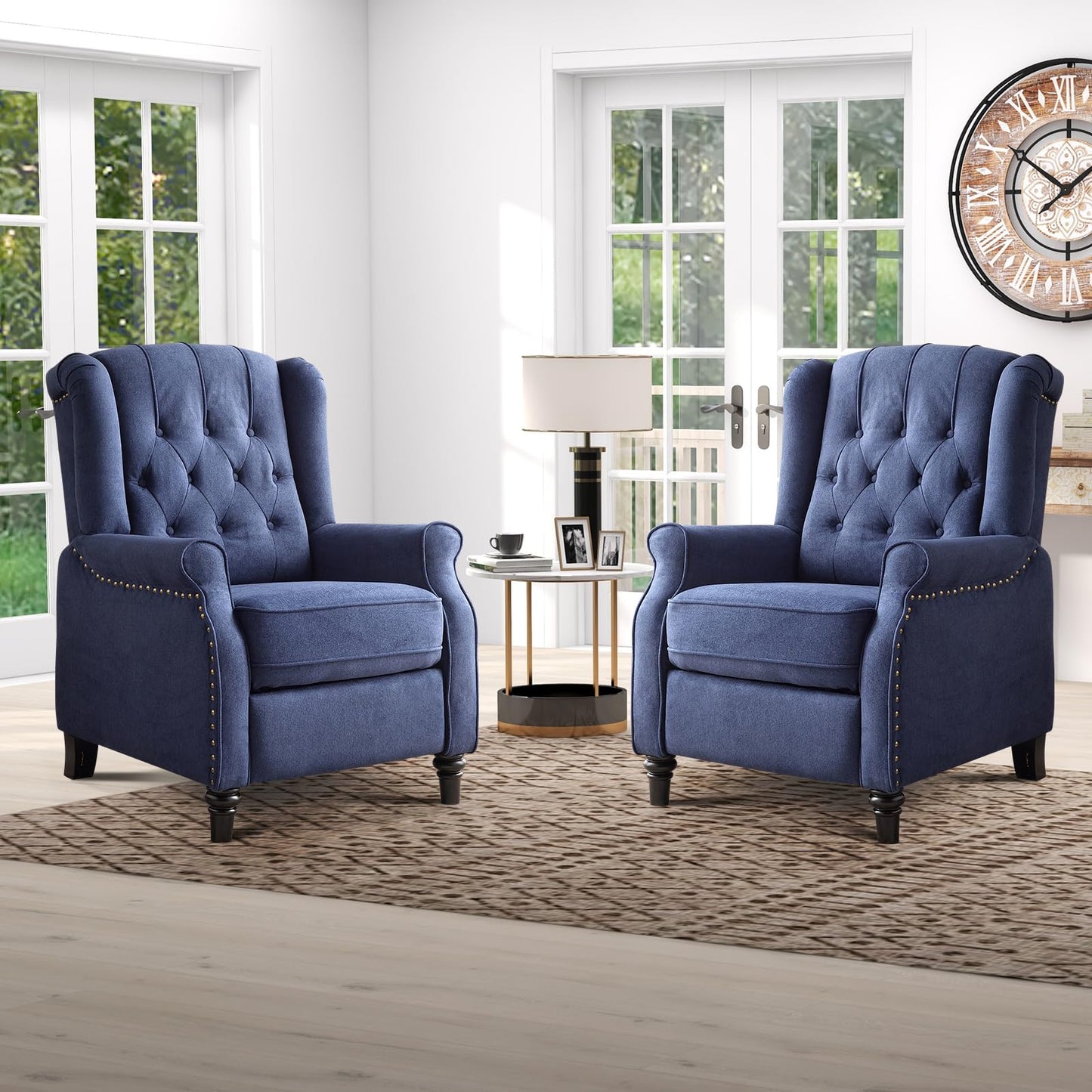 IOMOR Push Back Recliner Chair Fabric Lounge Armchair Pushback Recliner with Rivet Decoration Wingback Single Sofa Chair with Padded Seat for Living Room, Bedroom (1, Navy)