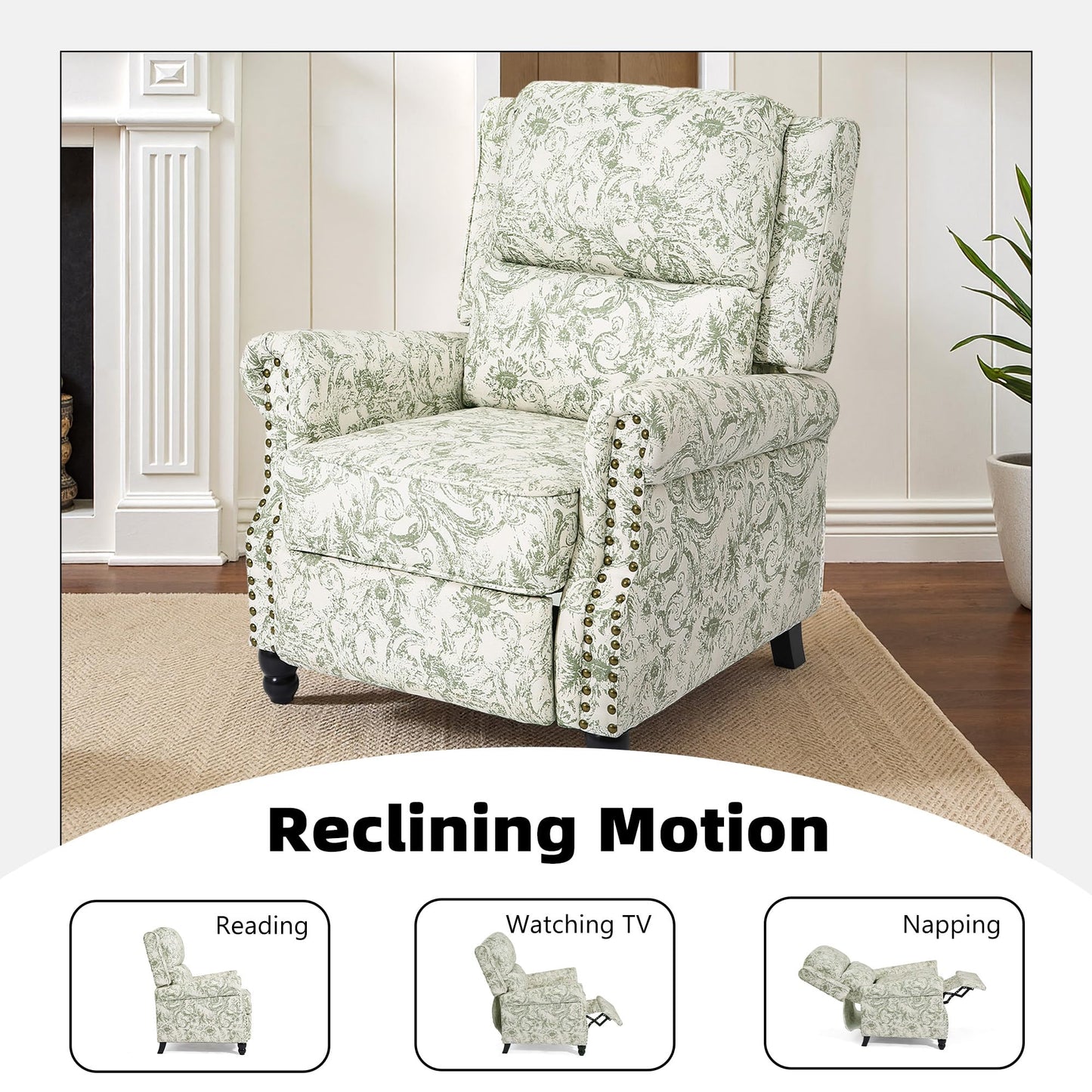 Pushback Recliner Chairs Set of 2, Comfy Fabric Wingback Recliner Chair, Upholstered Armchair Push Back Recliner with Wood Legs, Rivet Trim Accent Chair for Living Room, Bedroom, Blue Stripe