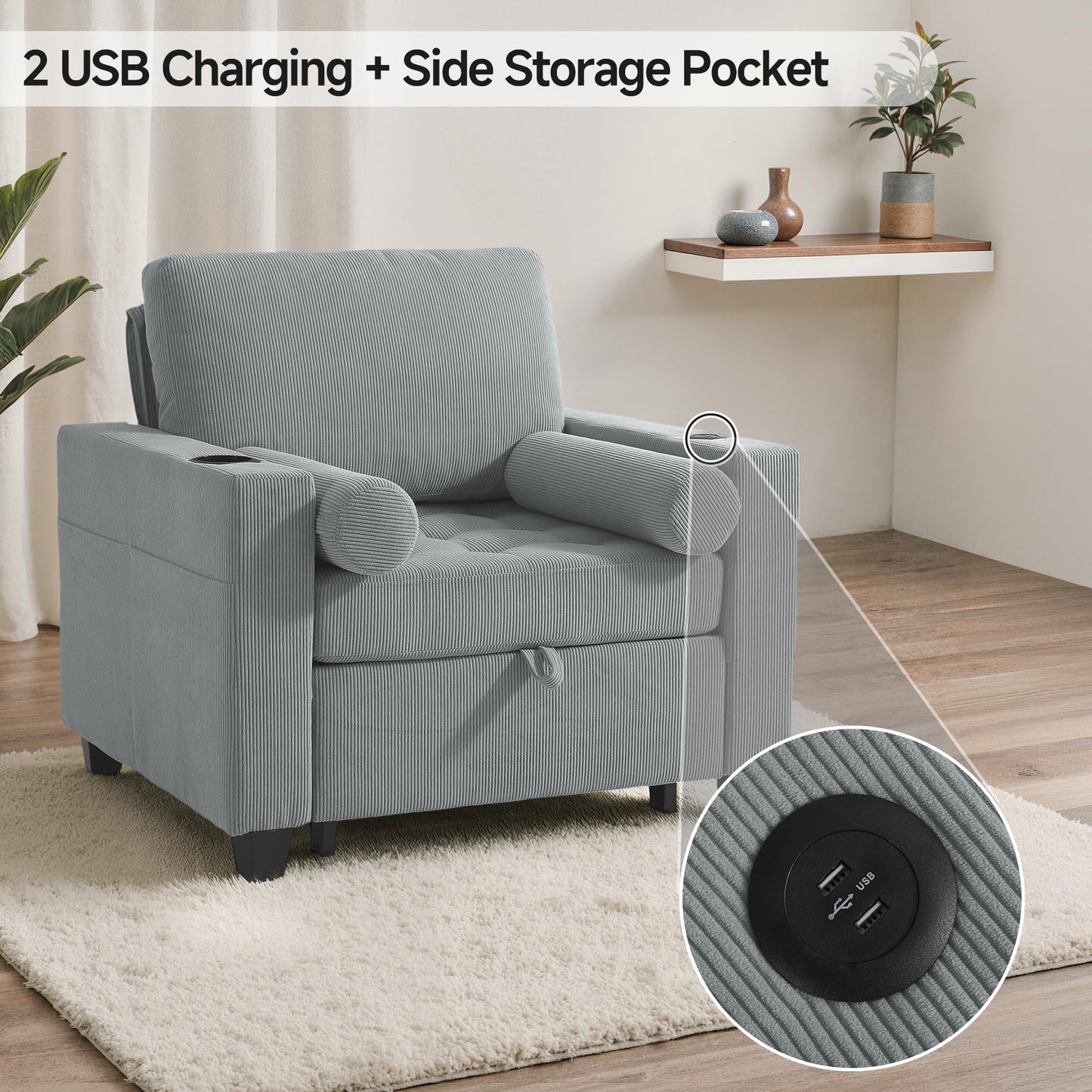 Sleeper Sofa Chair Bed, 3-in-1 Convertible Sleeper Chair with Pull Out Bed, Comfy Corduroy Sofa Bed Couch with Reclining Adjustable Backrest, USB Ports, Cup Holder, Side Pocket (Gray, 38.8")