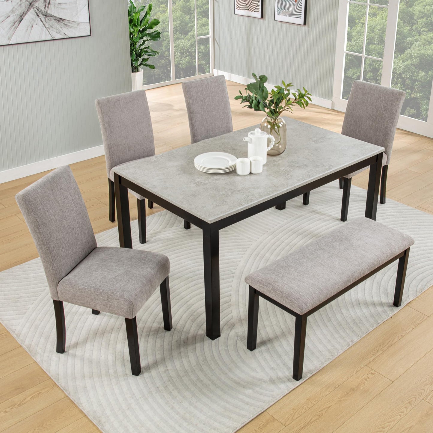 LKTART 6 Piece Kitchen Dining Set, 58.5" Rectangular Wooden Dinner Table with 4 Upholstered Chairs and a Bench for Living Room, Home Bar and Kitchen, Walnut