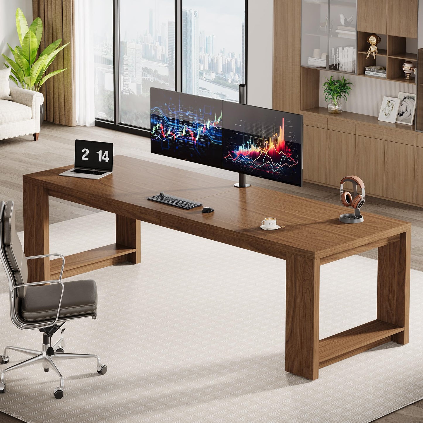 Tribesigns Two Person Desk, 86.6 Inches Extra Long Desk, Double Computer Writing Table, Wood Large Desks Workstation for Home Office, Natural Wood