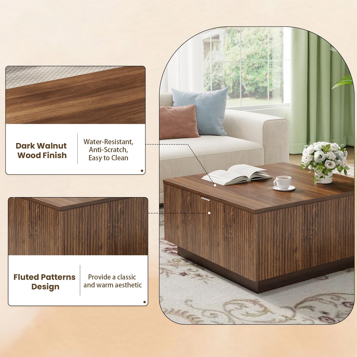 Epecoya Lift Top Coffee Table, Farmhouse Square Fluted Center Table, 31" Modern Wooden Tea Table with Hidden Storage for Living Room, Apartment, Small Spaces, Brown Walnut