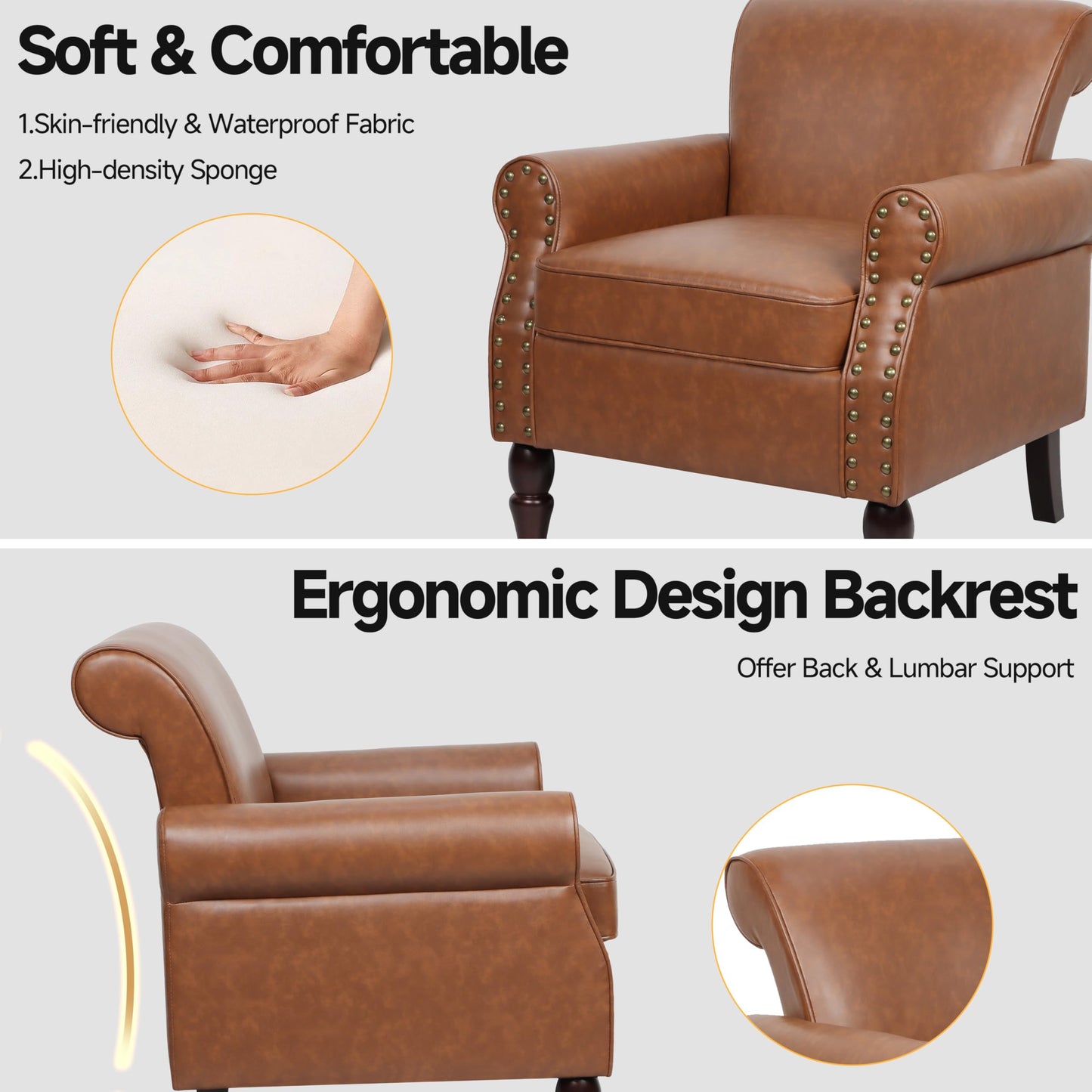 Wingback Accent Chairs Set of 2, Mid-Century Modern Upholstered Armchair Living Room Chair with Nailhead Trim & Rolled Armrest, Comfy Lounge Chair Single Sofa Chair for Bedroom, Light Blue