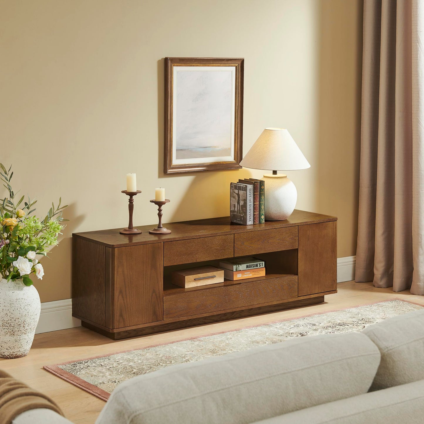 LKTART Mid Century Modern Rattan TV Stand for 65 Inch TV,59" Boho Media Console with Sliding Doors & Open Shelves,Solid Wood Legs for Living Room,Light Walnut