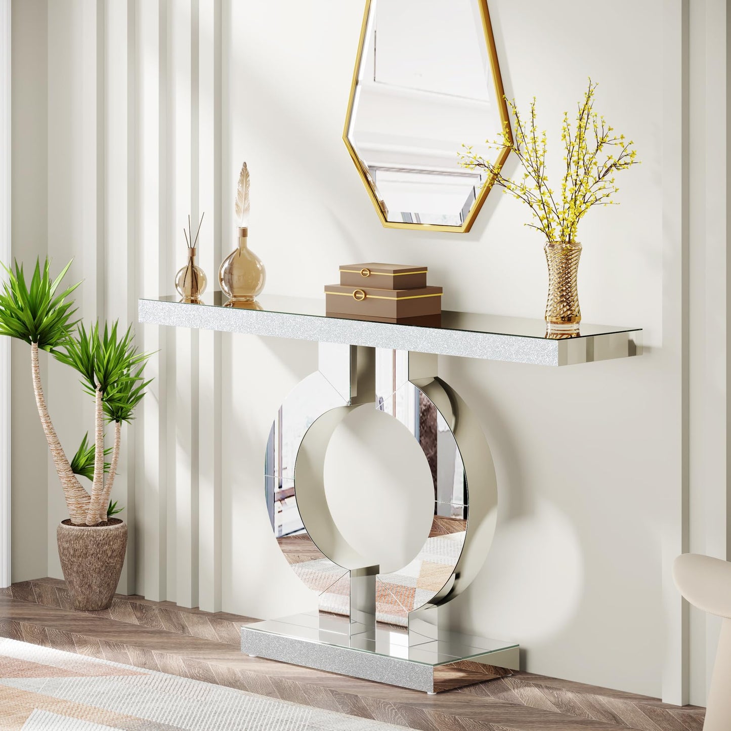 Tribesigns Modern Mirrored Console Table, Glass Sofa Table with Mirror Finish, 43-Inch Entryway Table with O-Shaped Base, Rectangular Accent Foyer Table for Living Room Hallway Entrance (Black)